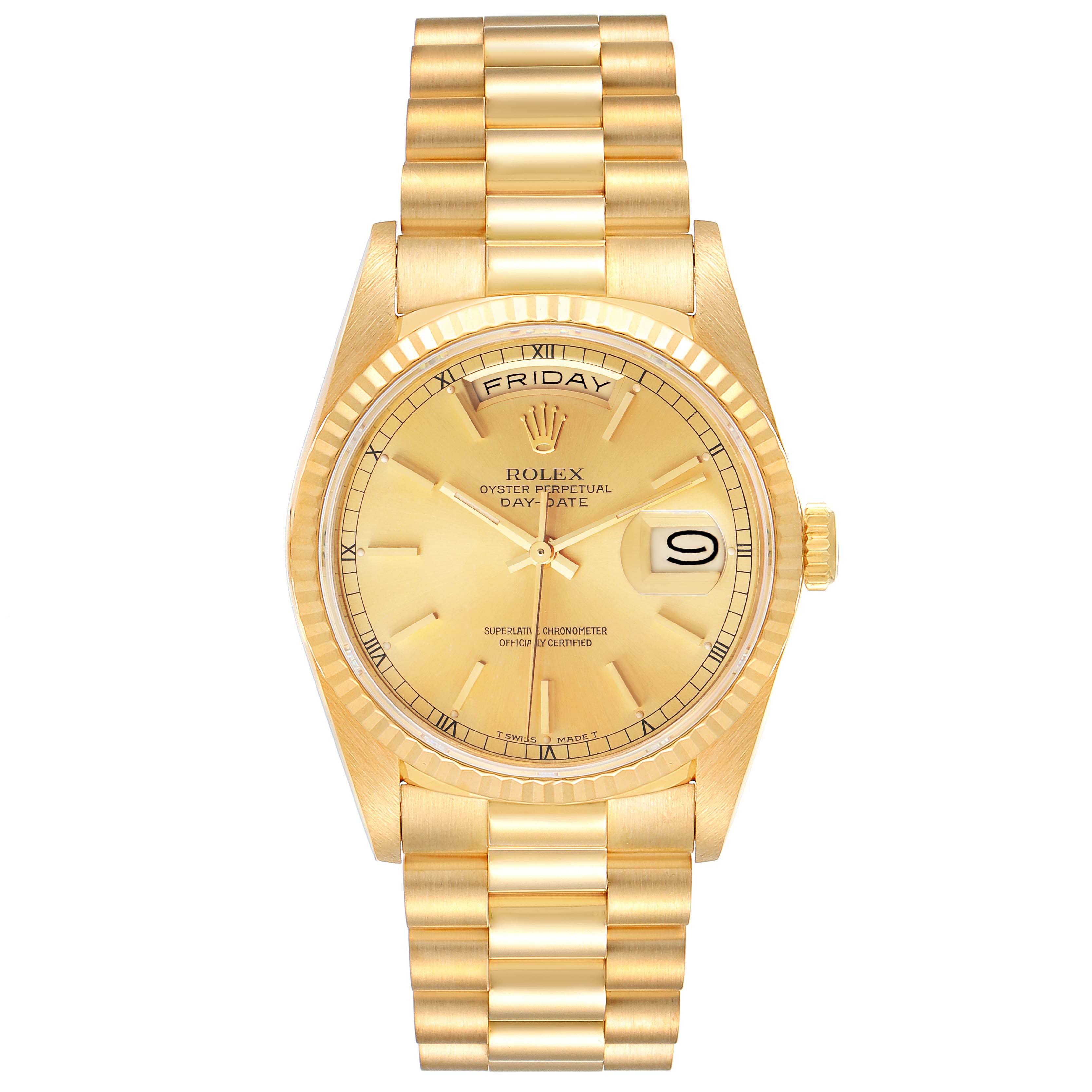 The Rolex President 18238 Men's Yellow Gold Champagne Dial 18238 Men's Yellow Gold Champagne Dial model is shown from a top view, showcasing the face, bracelet, crown, and bezel.