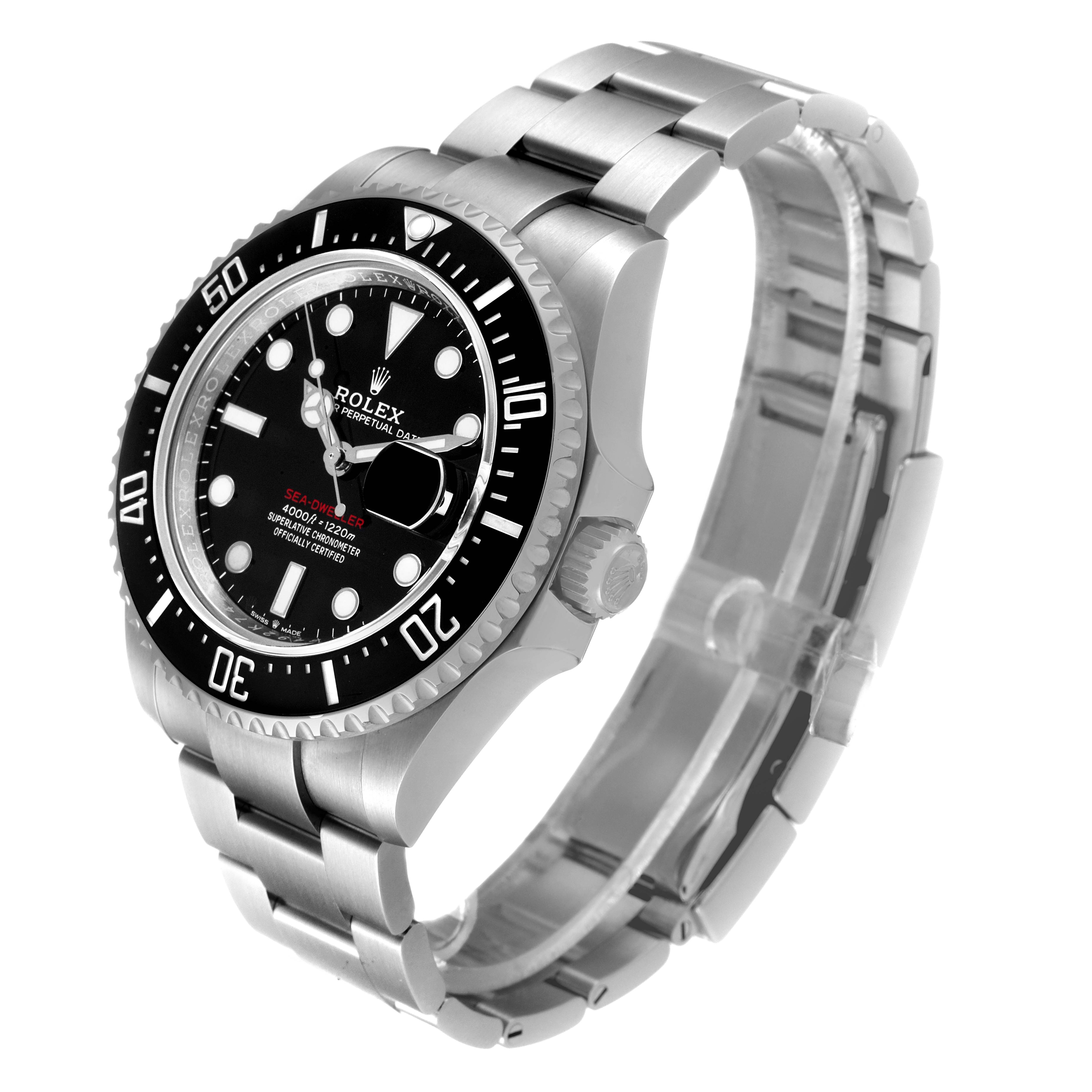 The image shows the Rolex Sea-Dweller 126600 Men
s Stainless Steel Black Dial 126600 Men
s Stainless Steel Black Dial watch from a three-quarter angle, displaying the face, bezel, and bracelet prominently.