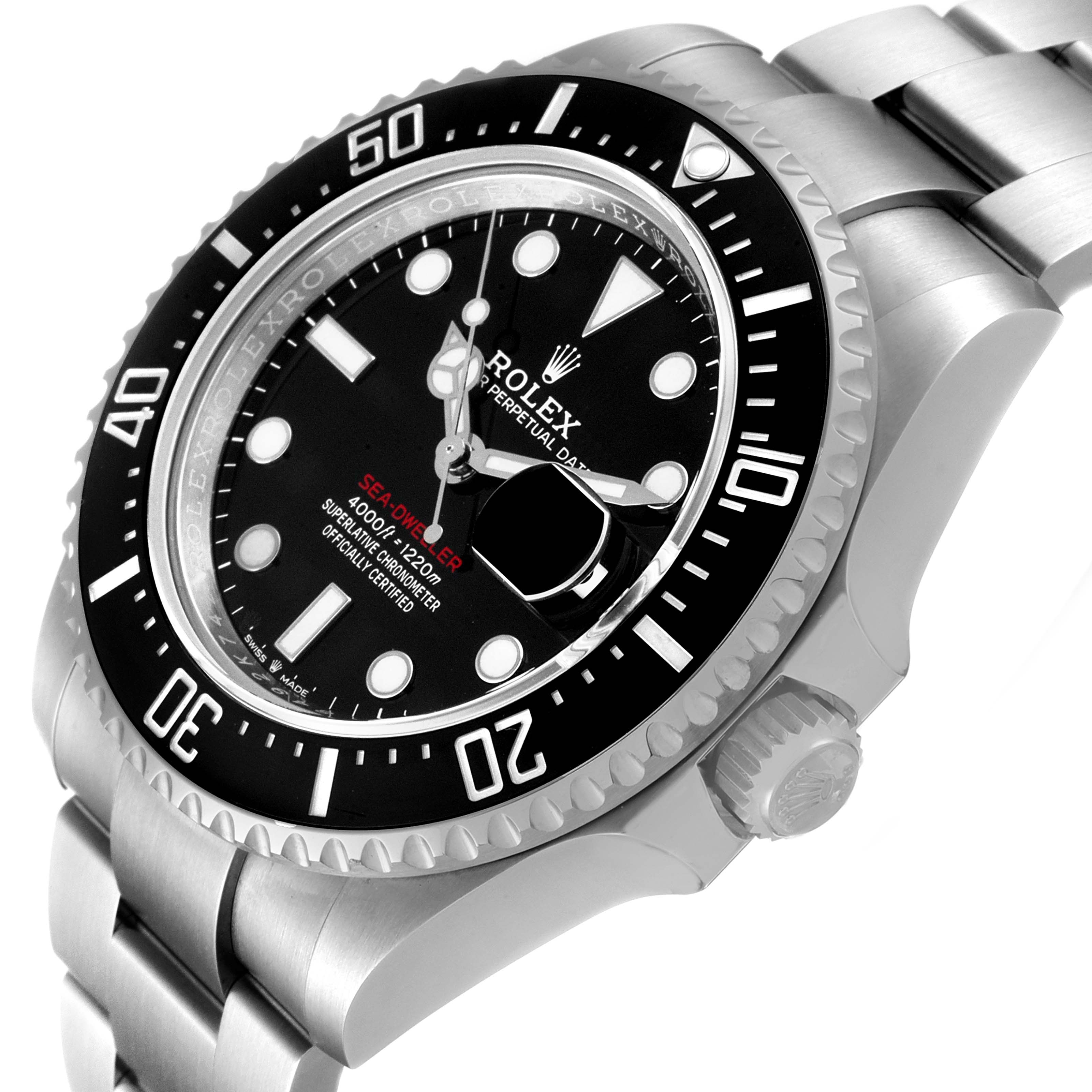 The Rolex Sea-Dweller 126600 Men
s Stainless Steel Black Dial 126600 Men
s Stainless Steel Black Dial watch is shown at an angled close-up, highlighting the bezel, dial, crown, and part of the bracelet.