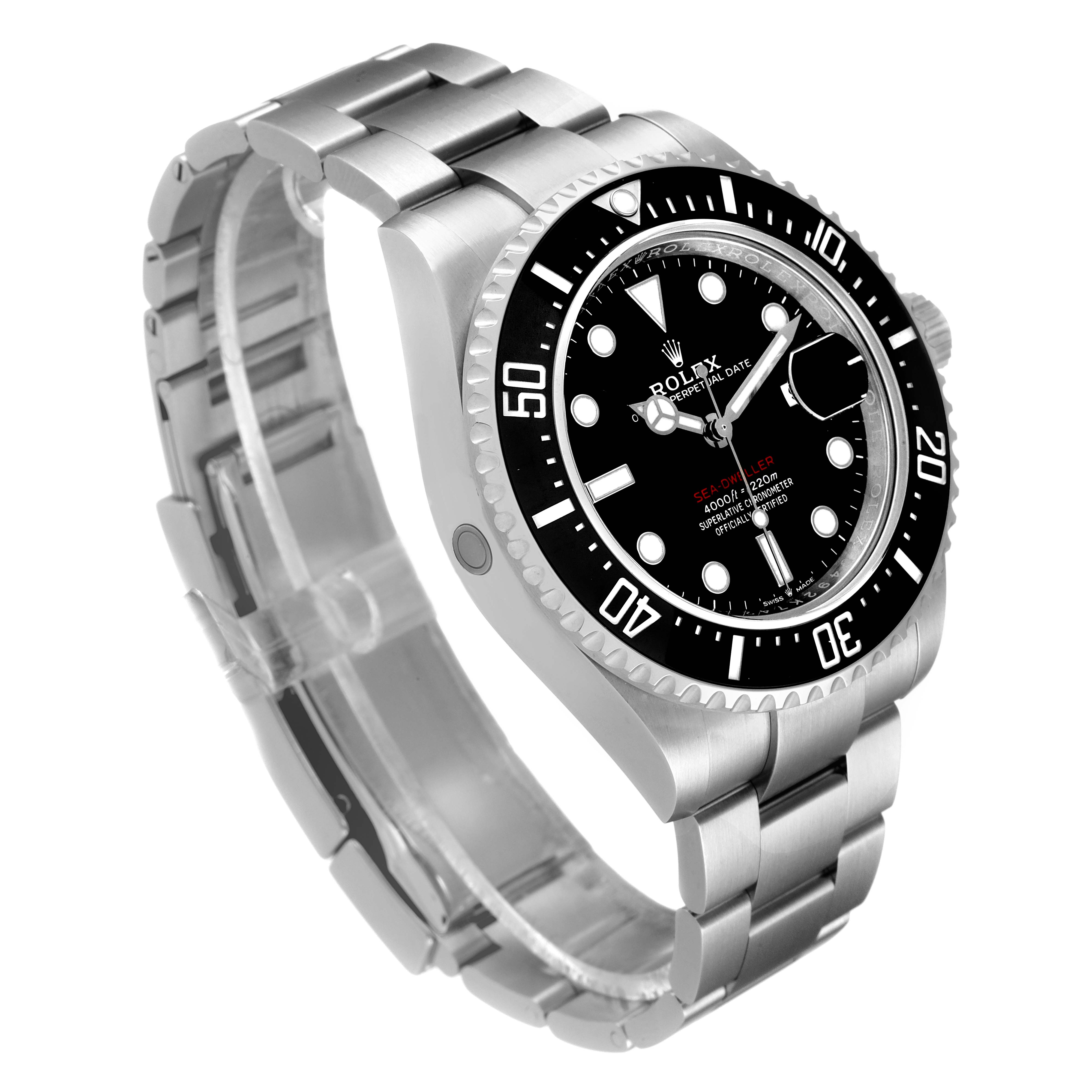 The image shows a Rolex Sea-Dweller 126600 Men
s Stainless Steel Black Dial 126600 Men
s Stainless Steel Black Dial watch at a three-quarter angle, highlighting its face, bezel, and bracelet.