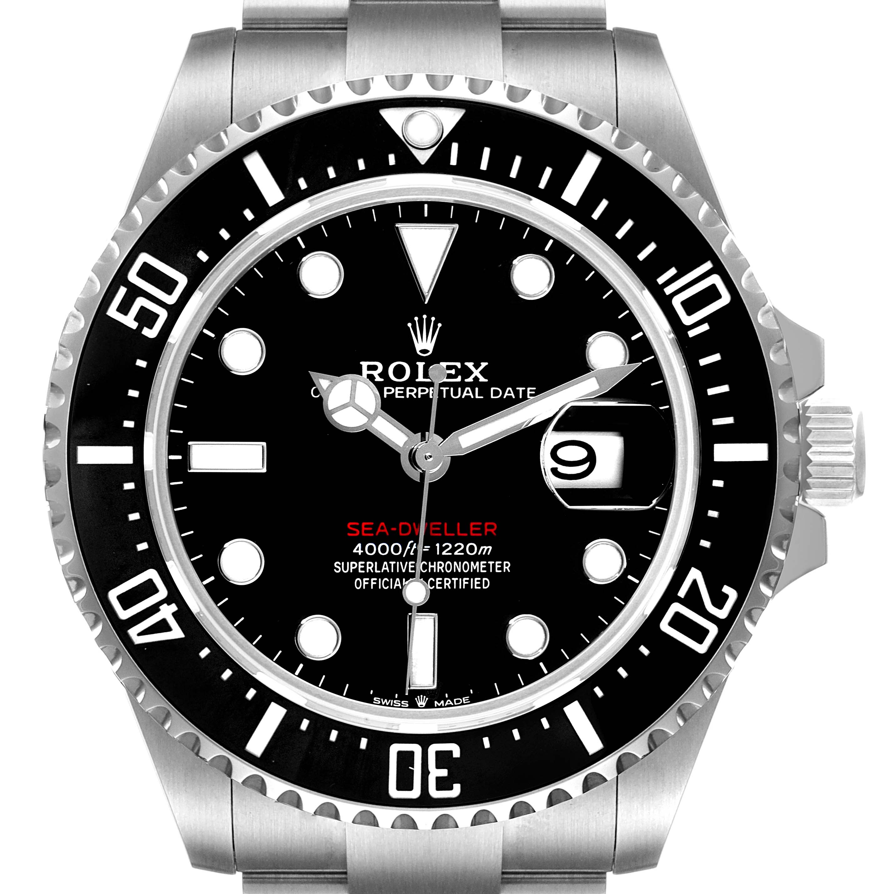 This image shows a front view of a Rolex Sea-Dweller 126600 Men
s Stainless Steel Black Dial 126600 Men
s Stainless Steel Black Dial watch, displaying its dial, bezel, and part of the bracelet.