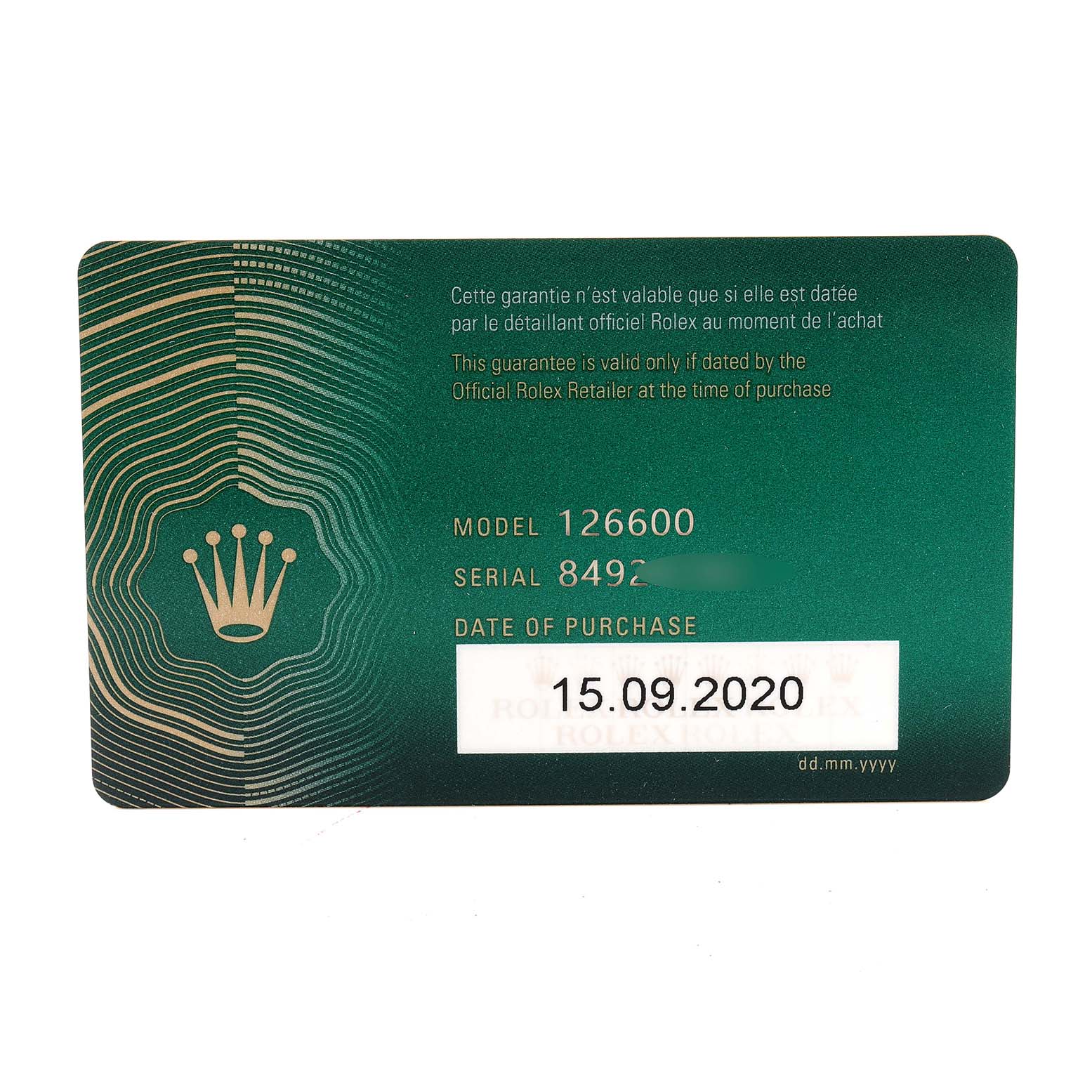 The image shows the warranty card for a Rolex Sea-Dweller 126600 Men
s Stainless Steel Black Dial 126600 Men
s Stainless Steel Black Dial model 126600 watch, dated 15.09.2020.