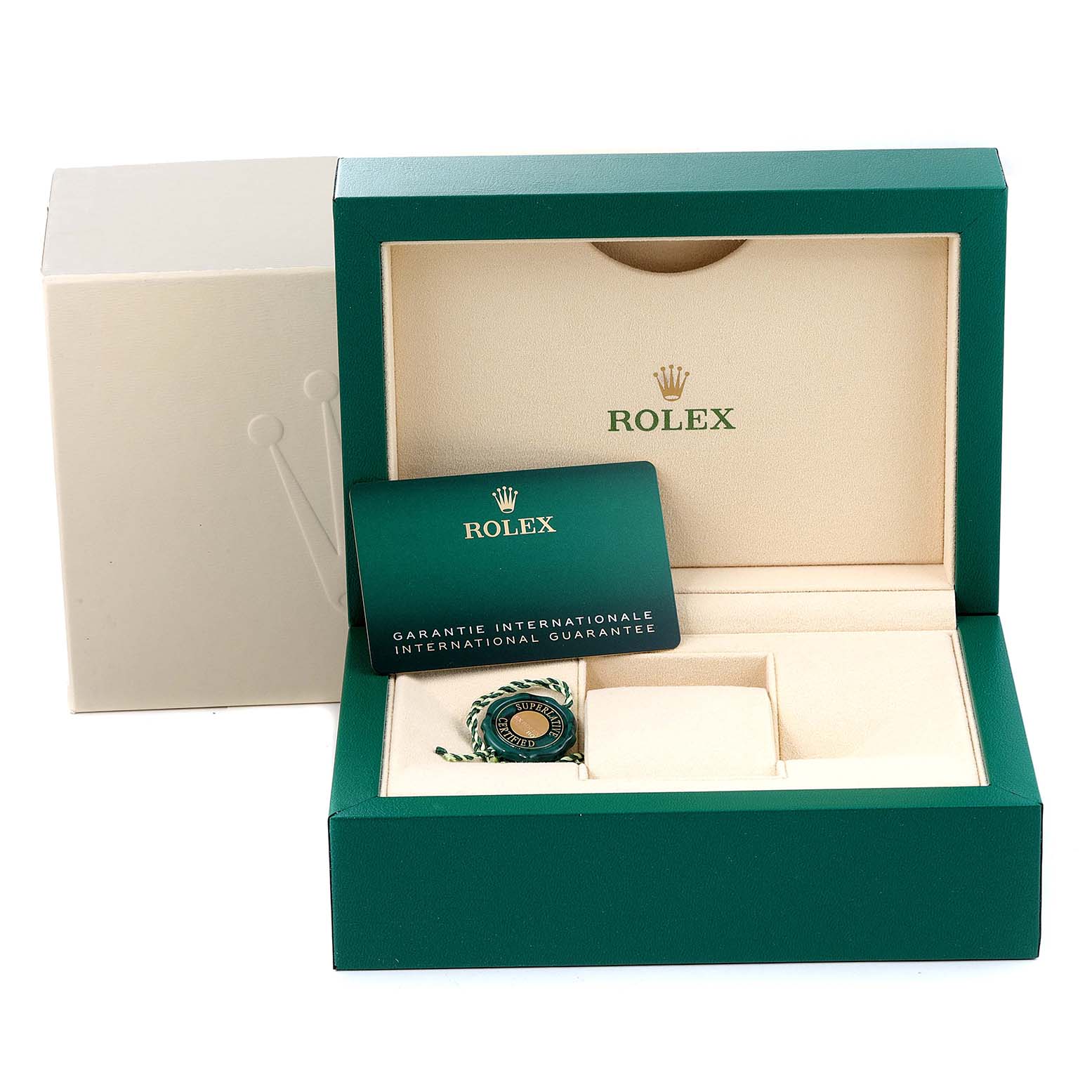 The image shows an open Rolex Sea-Dweller 126600 Men
s Stainless Steel Black Dial 126600 Men
s Stainless Steel Black Dial box with the international guarantee card and a Rolex tag inside.