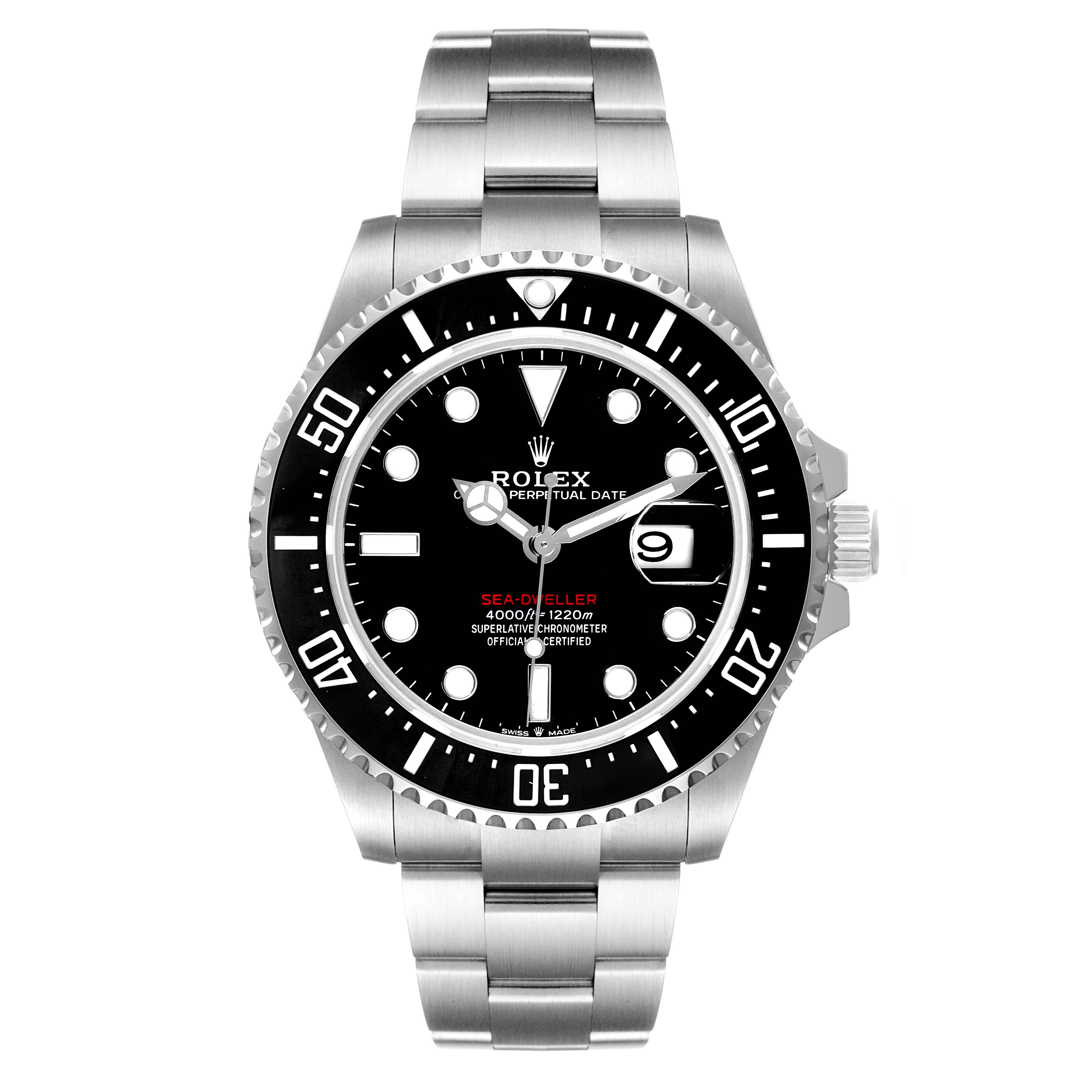 This image shows a front view of the Rolex Sea-Dweller 126600 Men
s Stainless Steel Black Dial 126600 Men
s Stainless Steel Black Dial watch, including the dial, bezel, and bracelet.