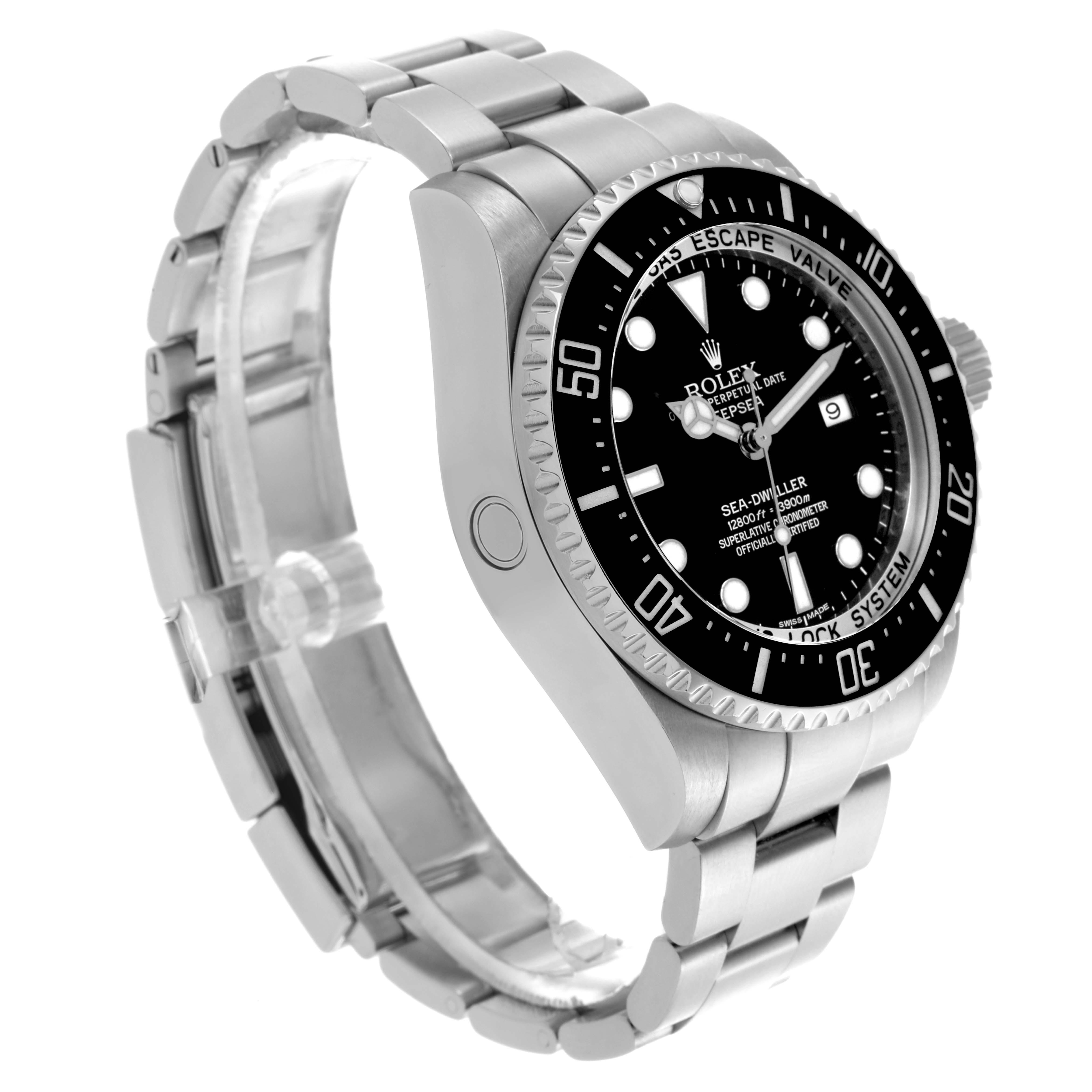 The Rolex Sea-Dweller 116660 Men's Stainless Steel Black Dial 116660 Men's Stainless Steel Black Dial watch is shown at an angle highlighting the face, bezel, side, and bracelet.