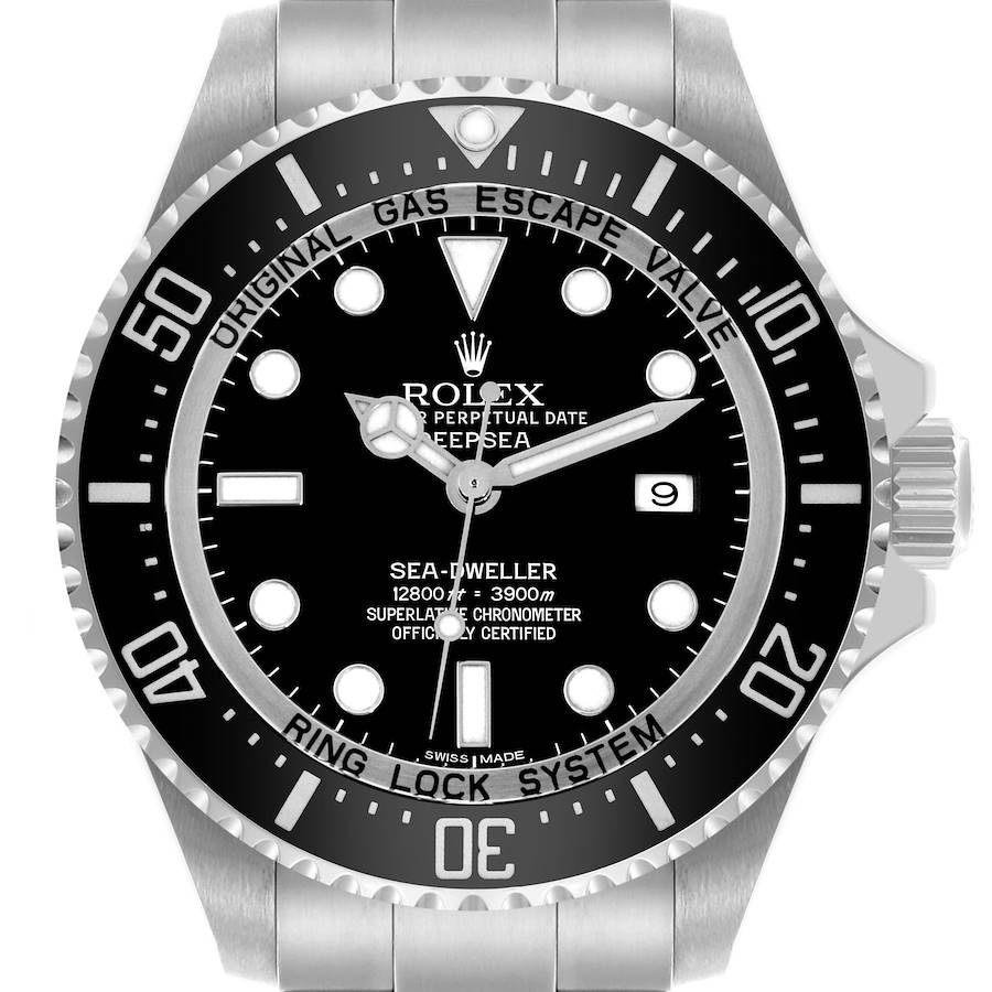 The Rolex Sea-Dweller watch is shown from a front angle, highlighting its dial, bezel, and crown.