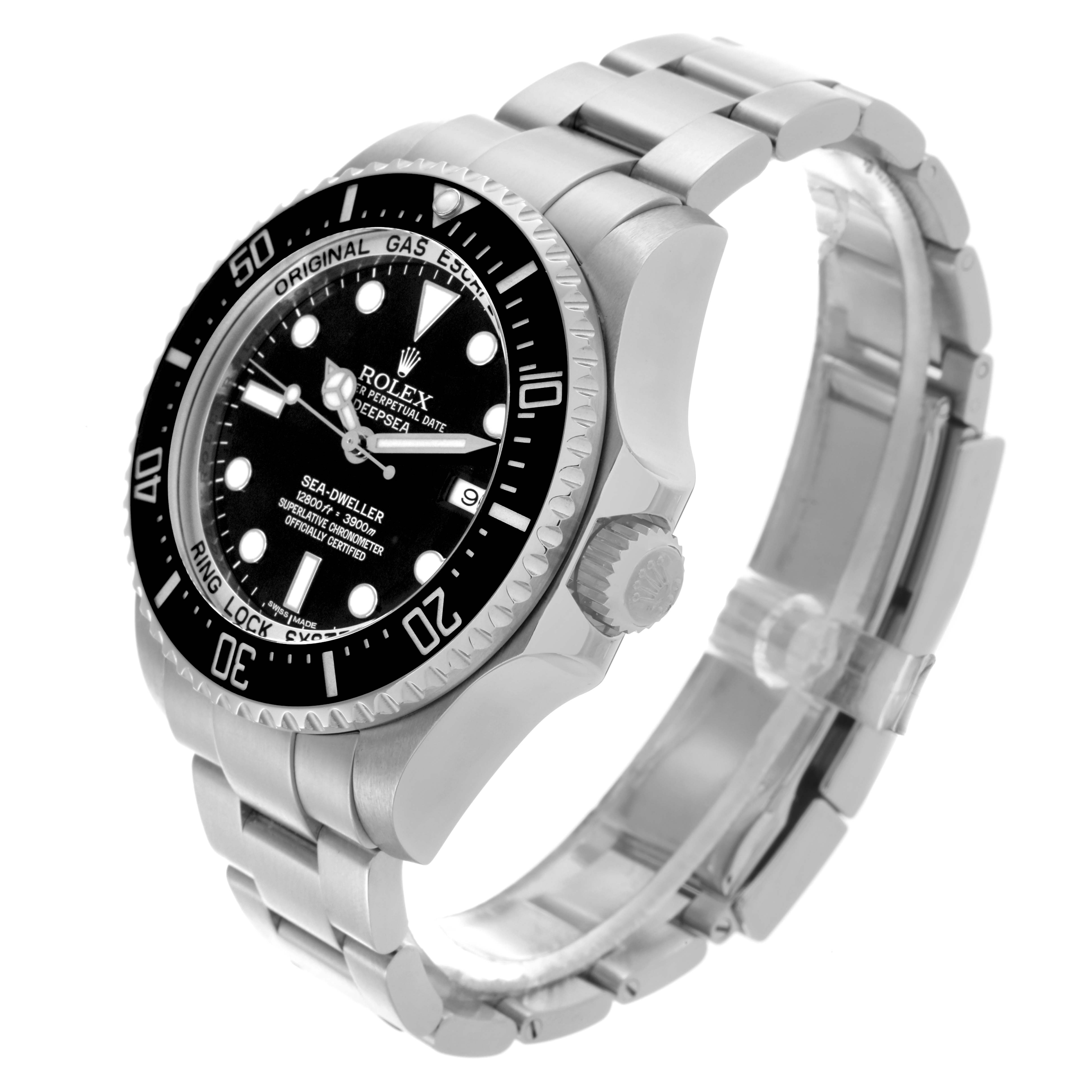 The Rolex Sea-Dweller 116660 Men's Stainless Steel Black Dial 116660 Men's Stainless Steel Black Dial watch is shown at a three-quarter angle, displaying the face, bezel, crown, and bracelet.