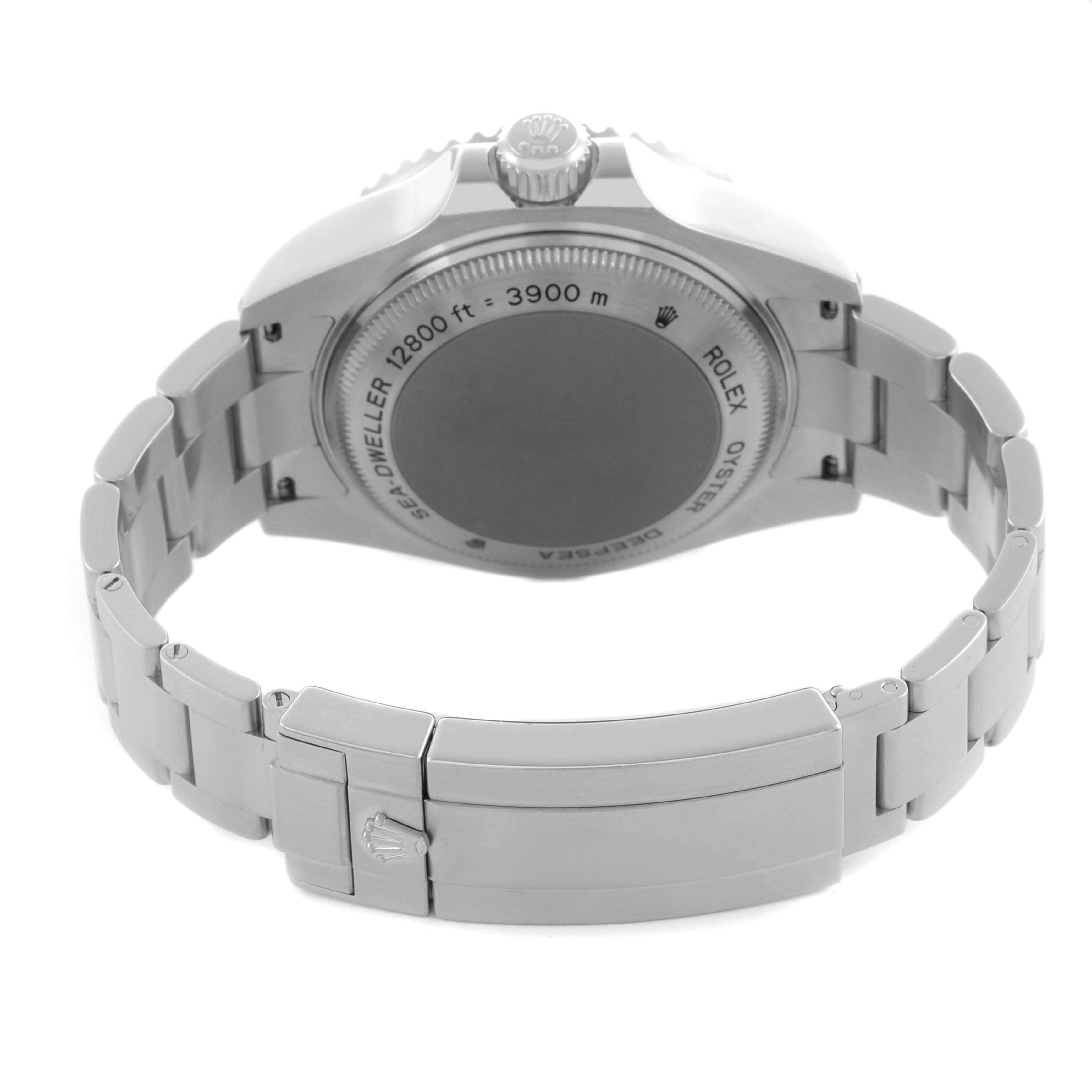 The image shows the back view of the Rolex Sea-Dweller 116660 Men's Stainless Steel Black Dial 116660 Men's Stainless Steel Black Dial, highlighting the case back, bracelet, and clasp.