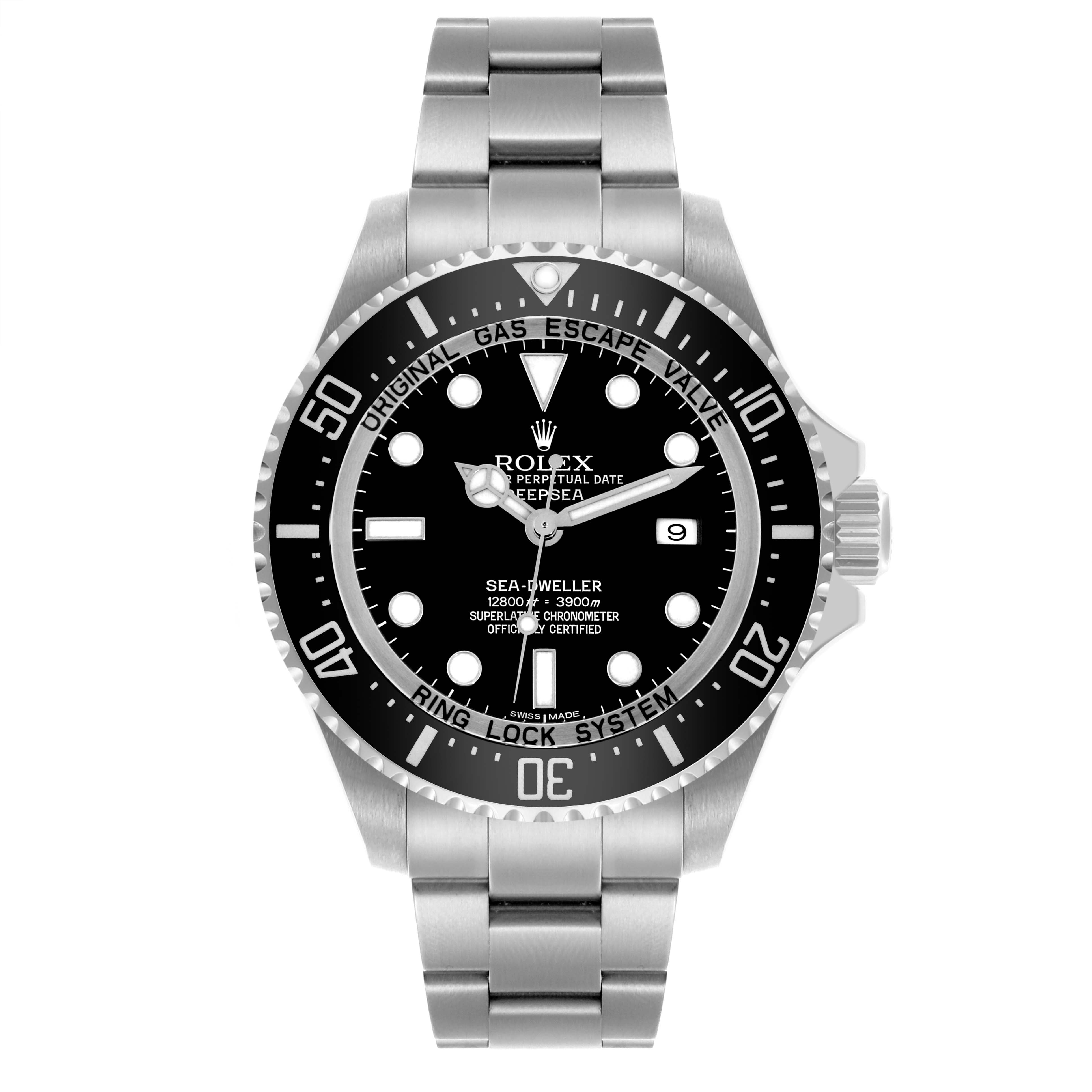 The Rolex Sea-Dweller 116660 Men's Stainless Steel Black Dial 116660 Men's Stainless Steel Black Dial watch is shown from the front, displaying its dial, bezel, and bracelet.