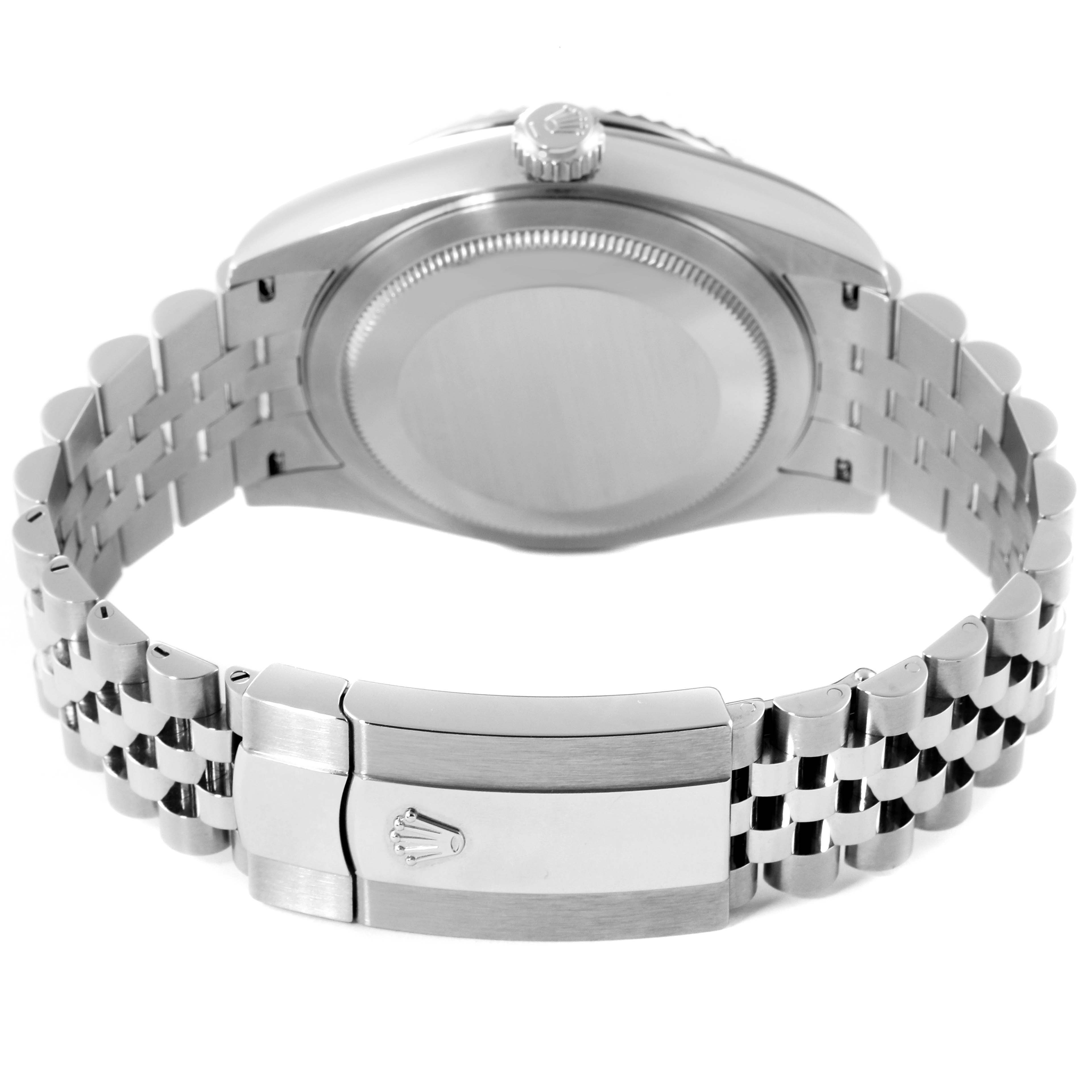 The image shows the back view of a Rolex Sky-Dweller 326934 Men's Stainless Steel Blue Dial with its stainless steel case, clasp, and jubilee bracelet.