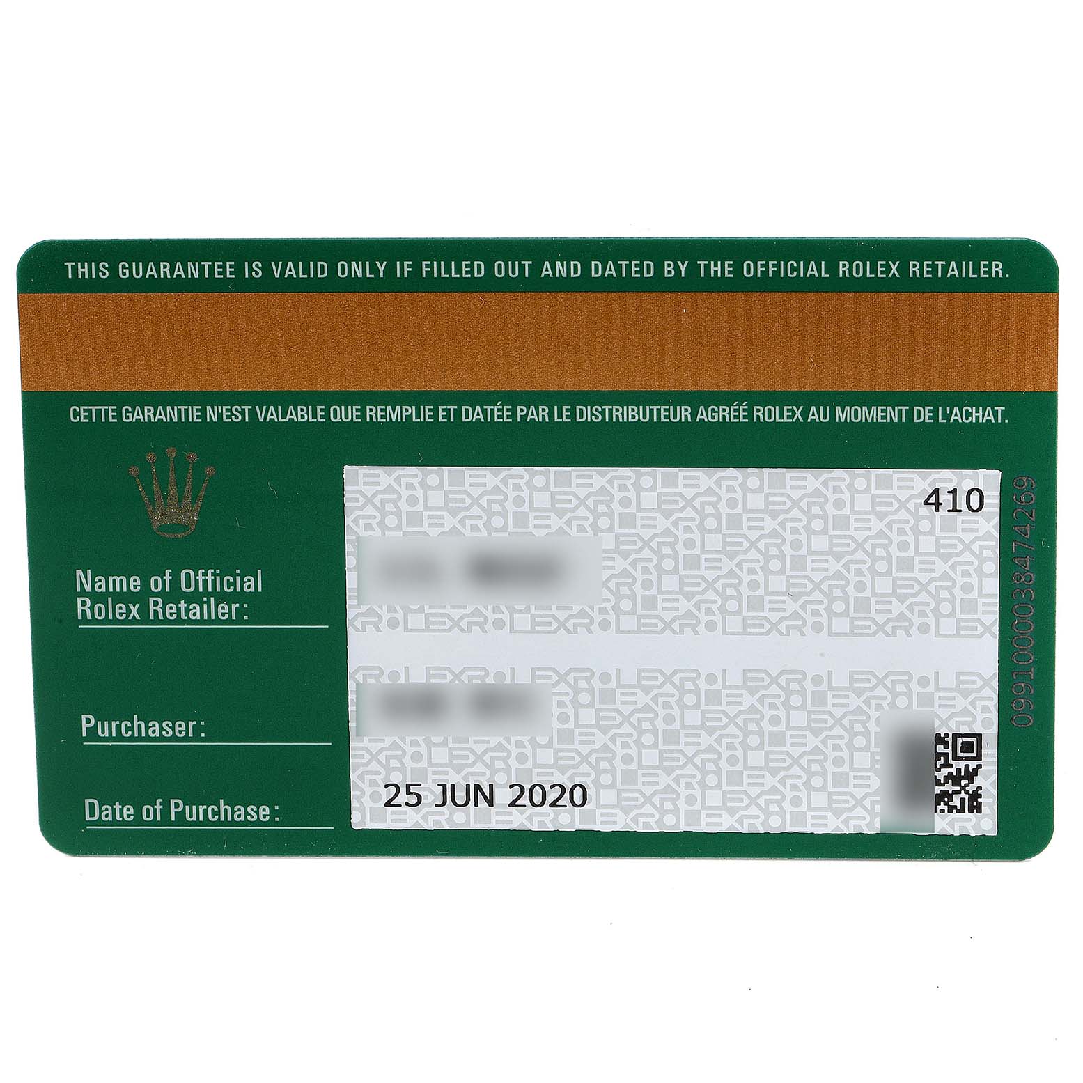 This image shows the guarantee card for the Rolex Sky-Dweller 326933 Men's Steel and Gold (two tone) Champagne Dial 326933 Men's Steel and Gold (two tone) Champagne Dial, including purchase details and retailer information.