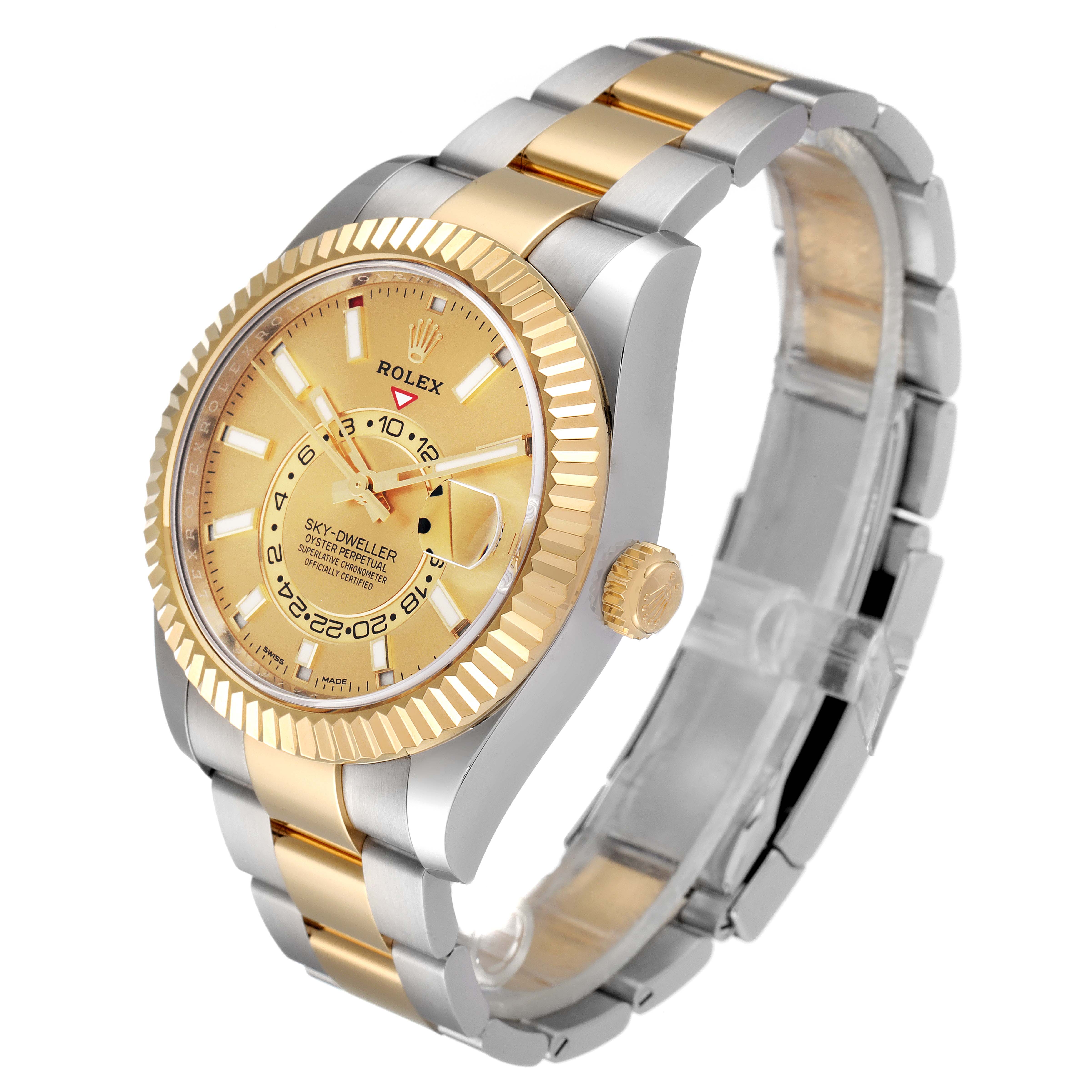 The image shows a Rolex Sky-Dweller 326933 Men's Steel and Gold (two tone) Champagne Dial 326933 Men's Steel and Gold (two tone) Champagne Dial watch with a gold and silver bracelet, photographed at a three-quarter angle.