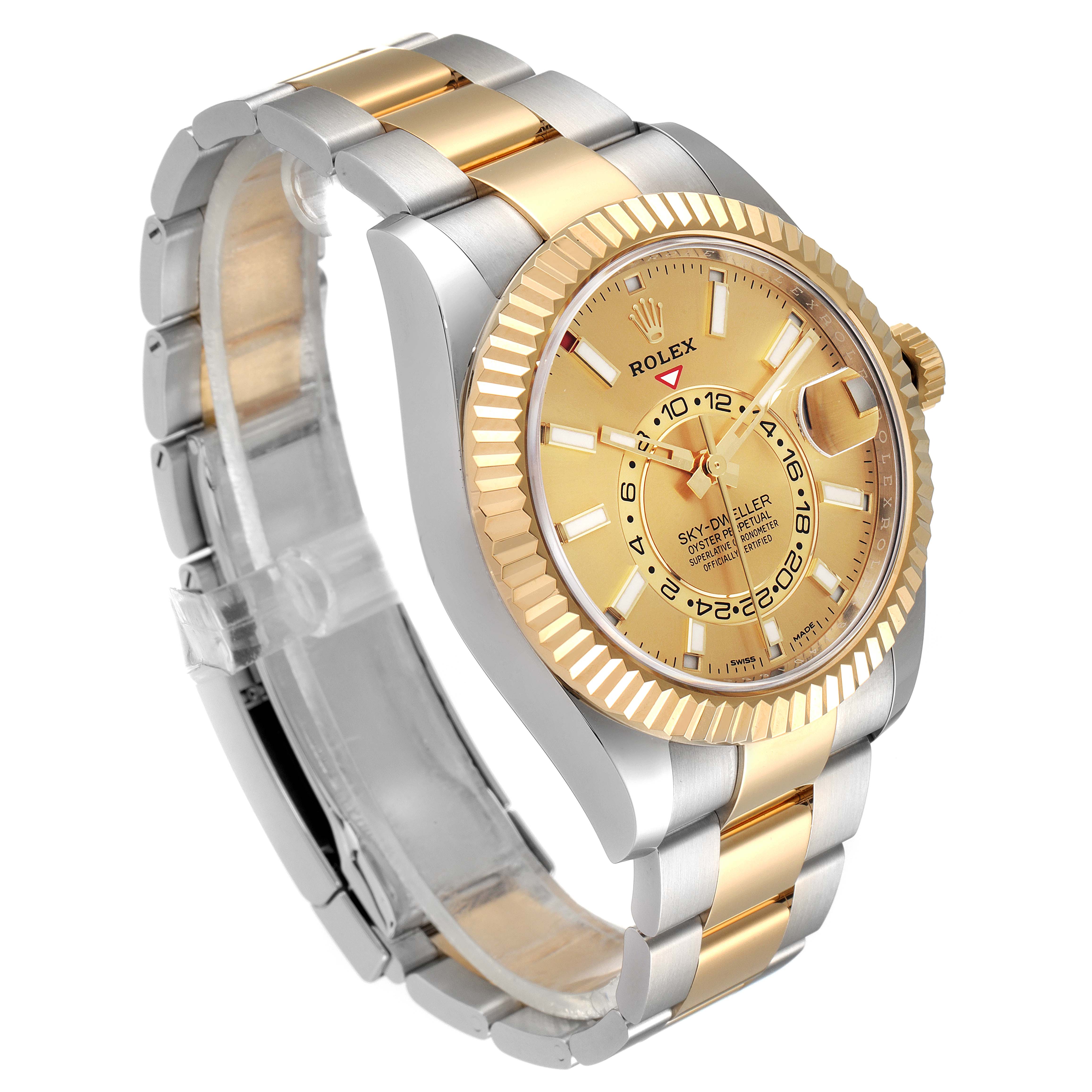 The image shows a Rolex Sky-Dweller 326933 Men's Steel and Gold (two tone) Champagne Dial 326933 Men's Steel and Gold (two tone) Champagne Dial watch from a three-quarter angle, highlighting the gold and silver oyster bracelet, bezel, and dial.
