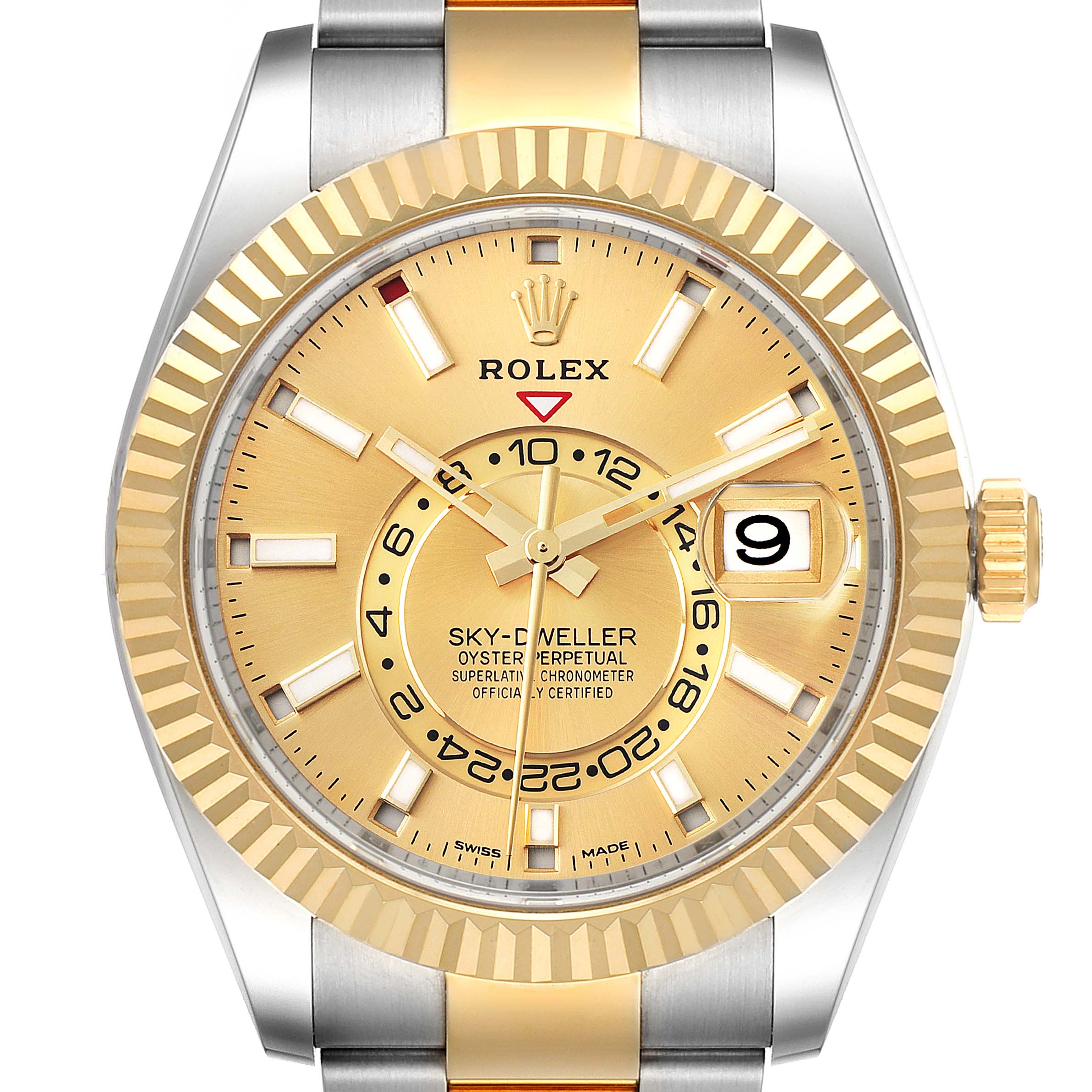This image shows a front view of the Rolex Sky-Dweller 326933 Men's Steel and Gold (two tone) Champagne Dial 326933 Men's Steel and Gold (two tone) Champagne Dial watch, highlighting its dial, bezel, and bracelet.