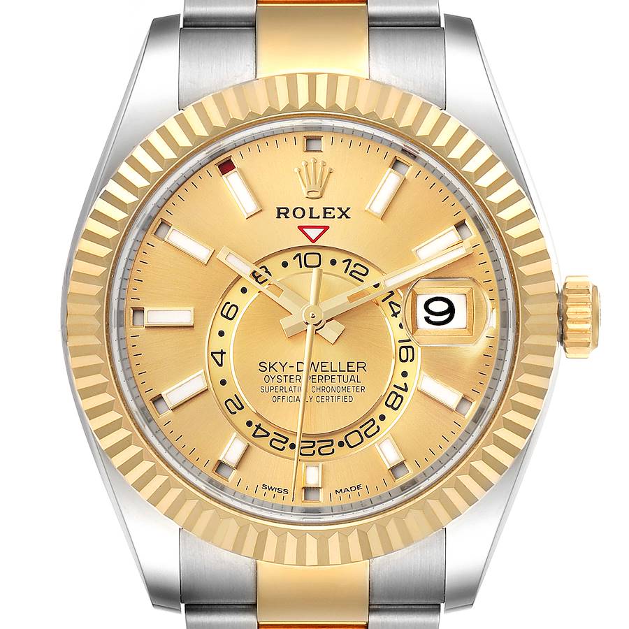 Rolex Sky Dweller Yellow Gold Steel Champagne Dial Mens Watch 326933 Box Card SwissWatchExpo