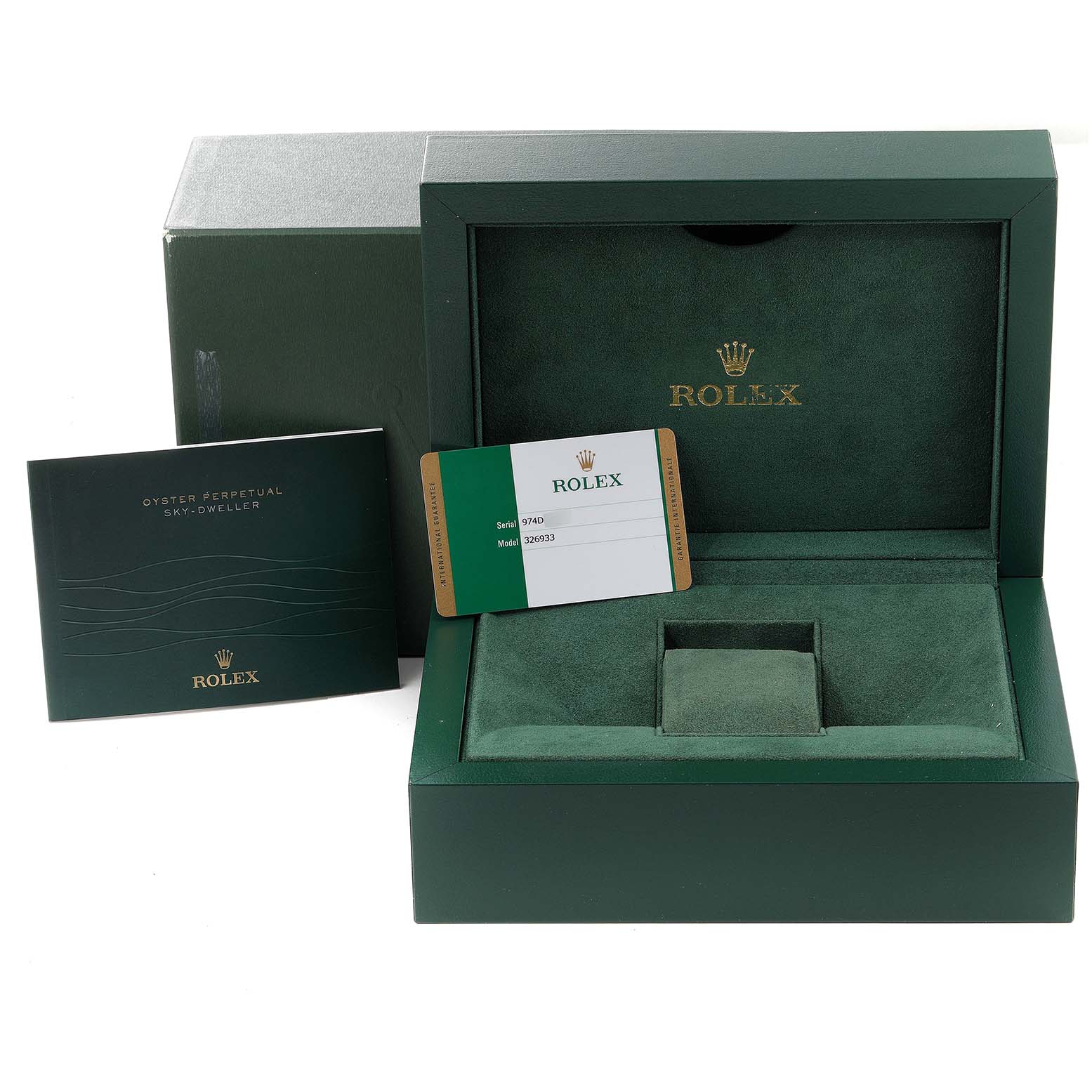 This image shows the packaging and documents, including the box and warranty card, for a Rolex Sky-Dweller 326933 Men's Steel and Gold (two tone) Champagne Dial 326933 Men's Steel and Gold (two tone) Champagne Dial watch.