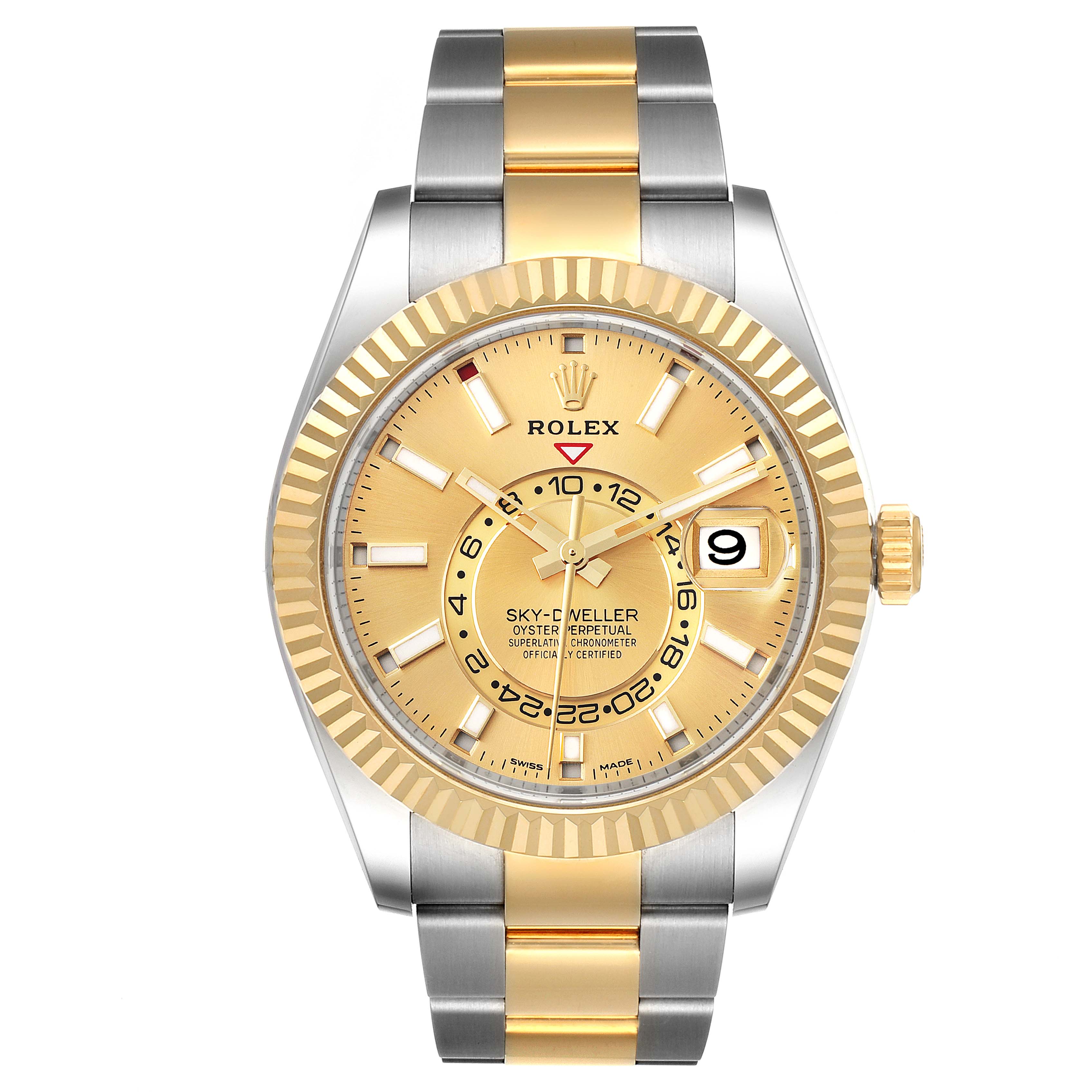 The image shows a front view of the Rolex Sky-Dweller 326933 Men's Steel and Gold (two tone) Champagne Dial 326933 Men's Steel and Gold (two tone) Champagne Dial watch, highlighting its gold and stainless steel design, fluted bezel, and date window.