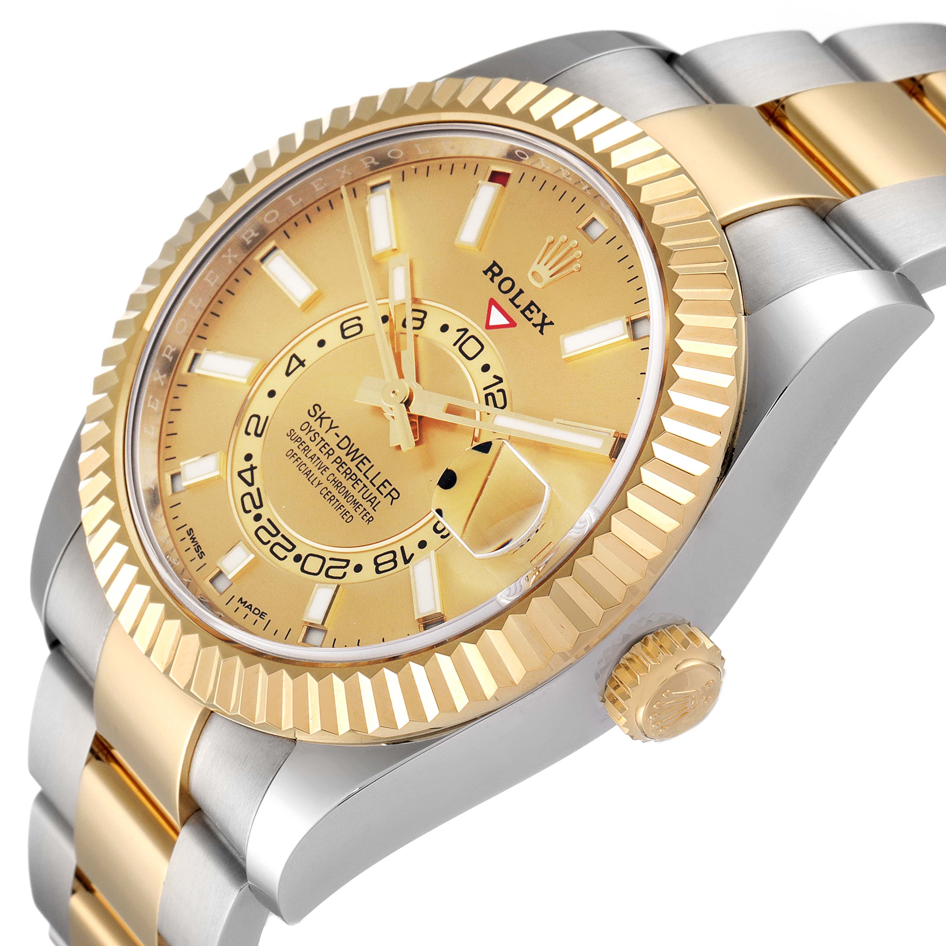 The Rolex Sky-Dweller 326933 Men's Steel and Gold (two tone) Champagne Dial 326933 Men's Steel and Gold (two tone) Champagne Dial watch is shown from a tilted angle, highlighting the gold bezel, dial, and two-tone band.