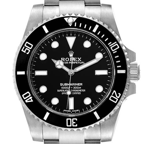 This is a front view of a Rolex Submariner watch showing the dial, bezel, and part of the bracelet.