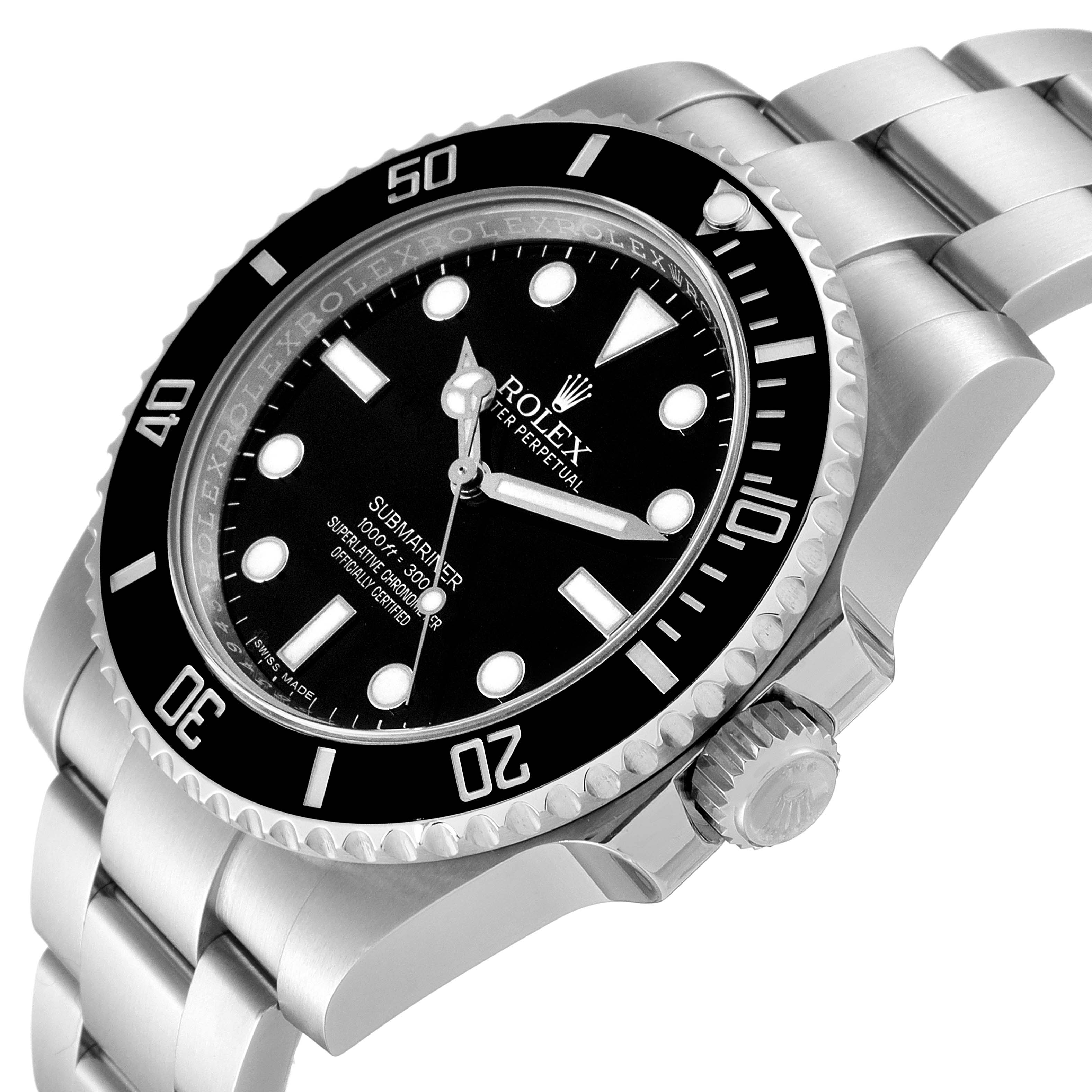 The image shows a close-up angle of a Rolex Submariner 114060 Men
s Stainless Steel Black Dial 114060 Men
s Stainless Steel Black Dial watch, highlighting its dial, bezel, crown, and bracelet.