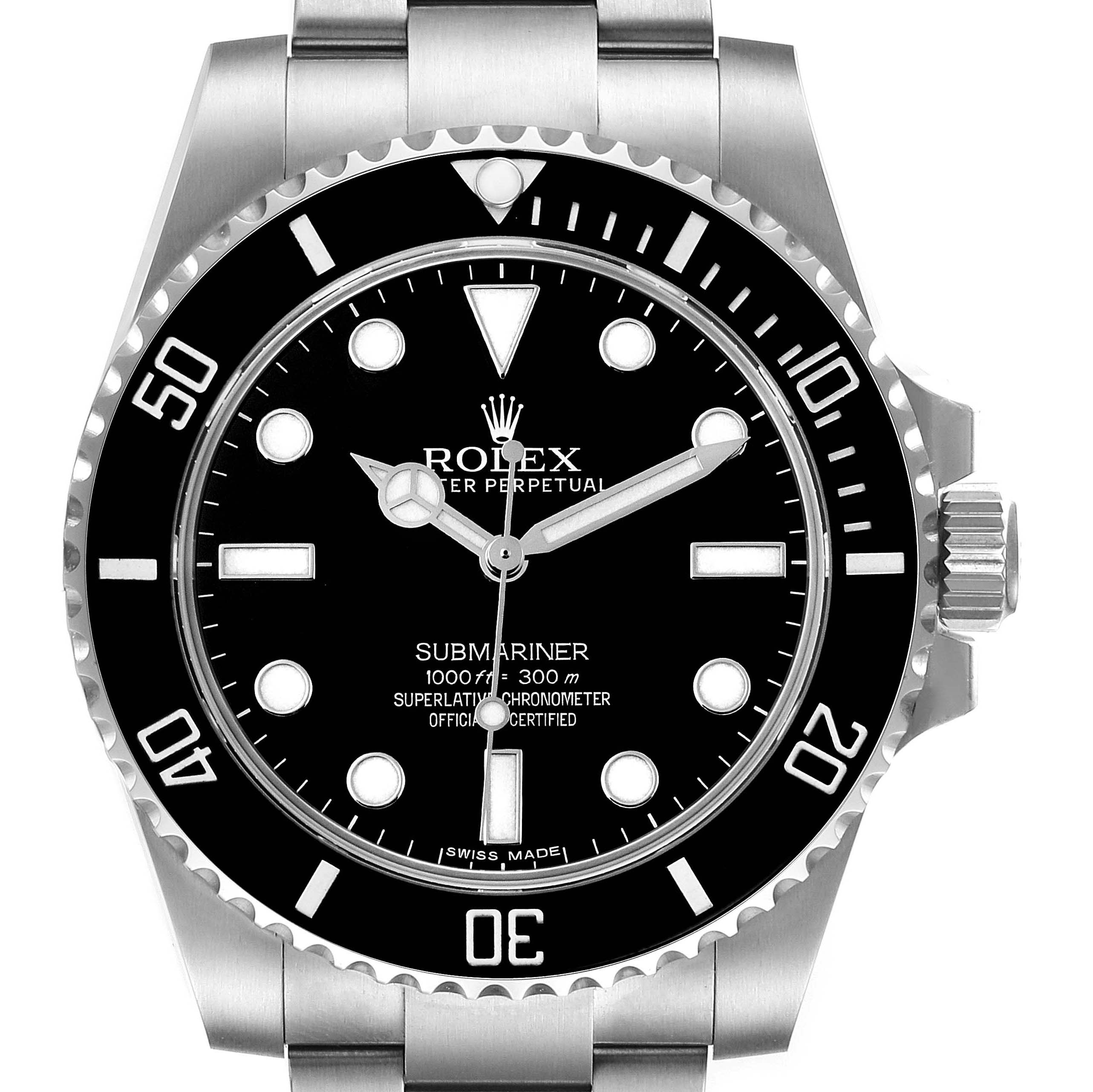 The image shows the front view of a Rolex Submariner 114060 Men
s Stainless Steel Black Dial 114060 Men
s Stainless Steel Black Dial watch, highlighting its black dial, luminescent markers, and rotating bezel.