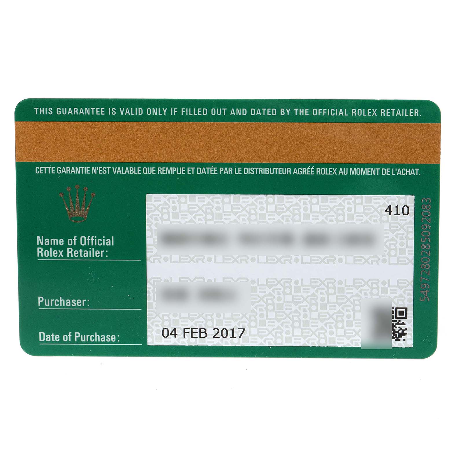 This image shows the guarantee card for a Rolex Submariner 114060 Men
s Stainless Steel Black Dial 114060 Men
s Stainless Steel Black Dial, including purchase and retailer details.