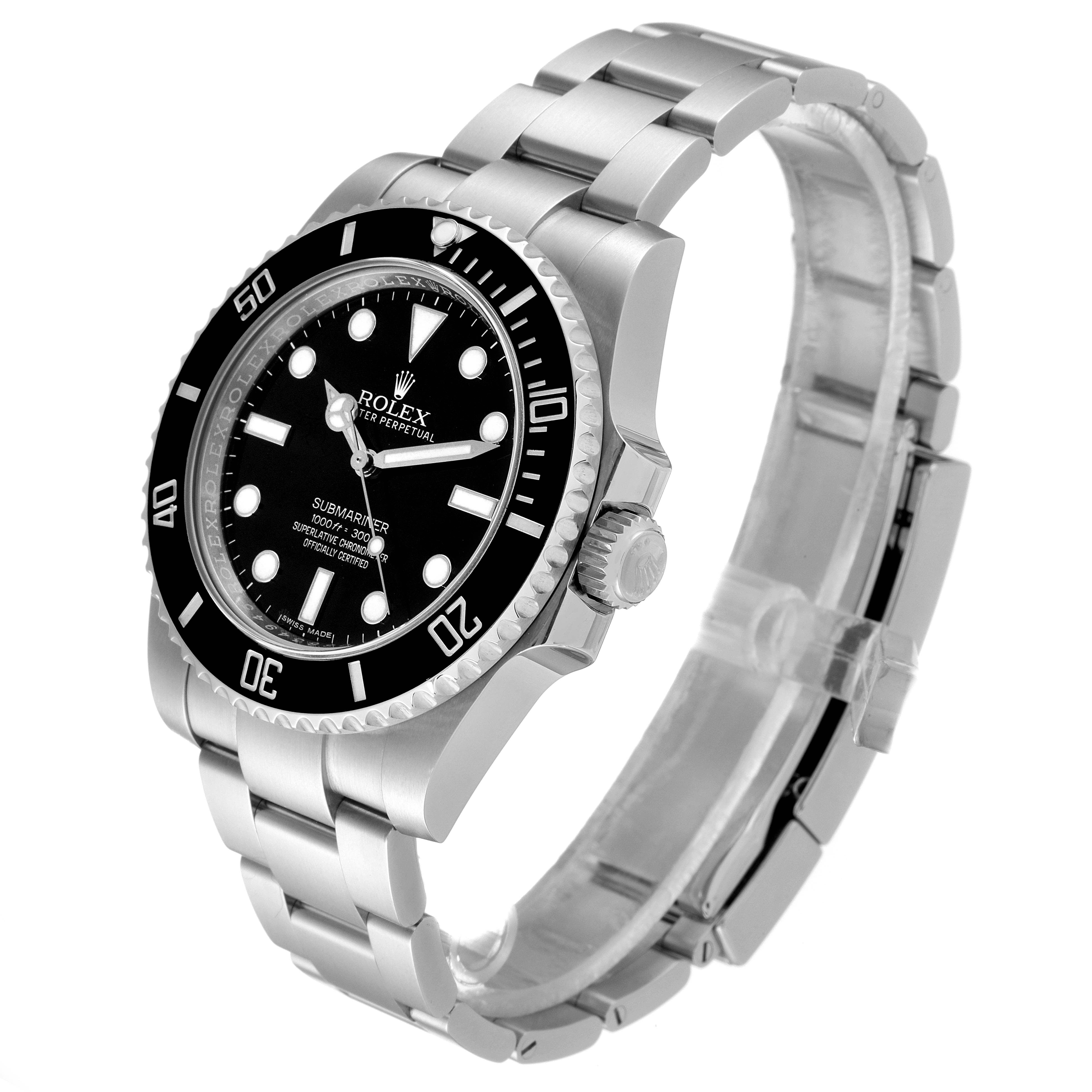 The Rolex Submariner 114060 Men
s Stainless Steel Black Dial 114060 Men
s Stainless Steel Black Dial watch is shown at an angle highlighting its face, bezel, and bracelet.