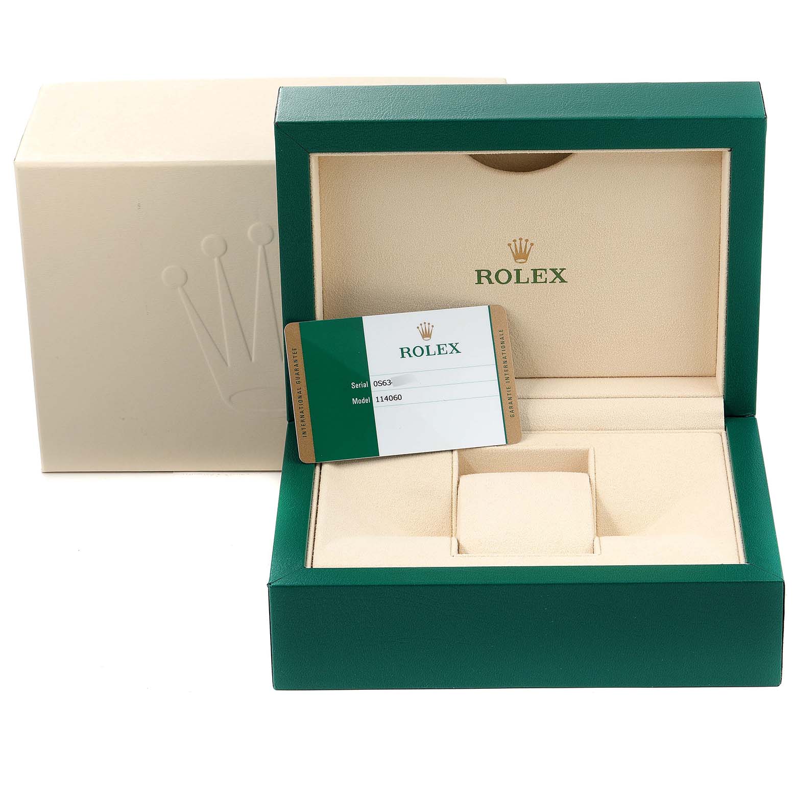 The image shows the packaging and Best Quality
ity card for a Rolex Submariner 114060 Men
s Stainless Steel Black Dial 114060 Men
s Stainless Steel Black Dial, displaying an open green and beige box.