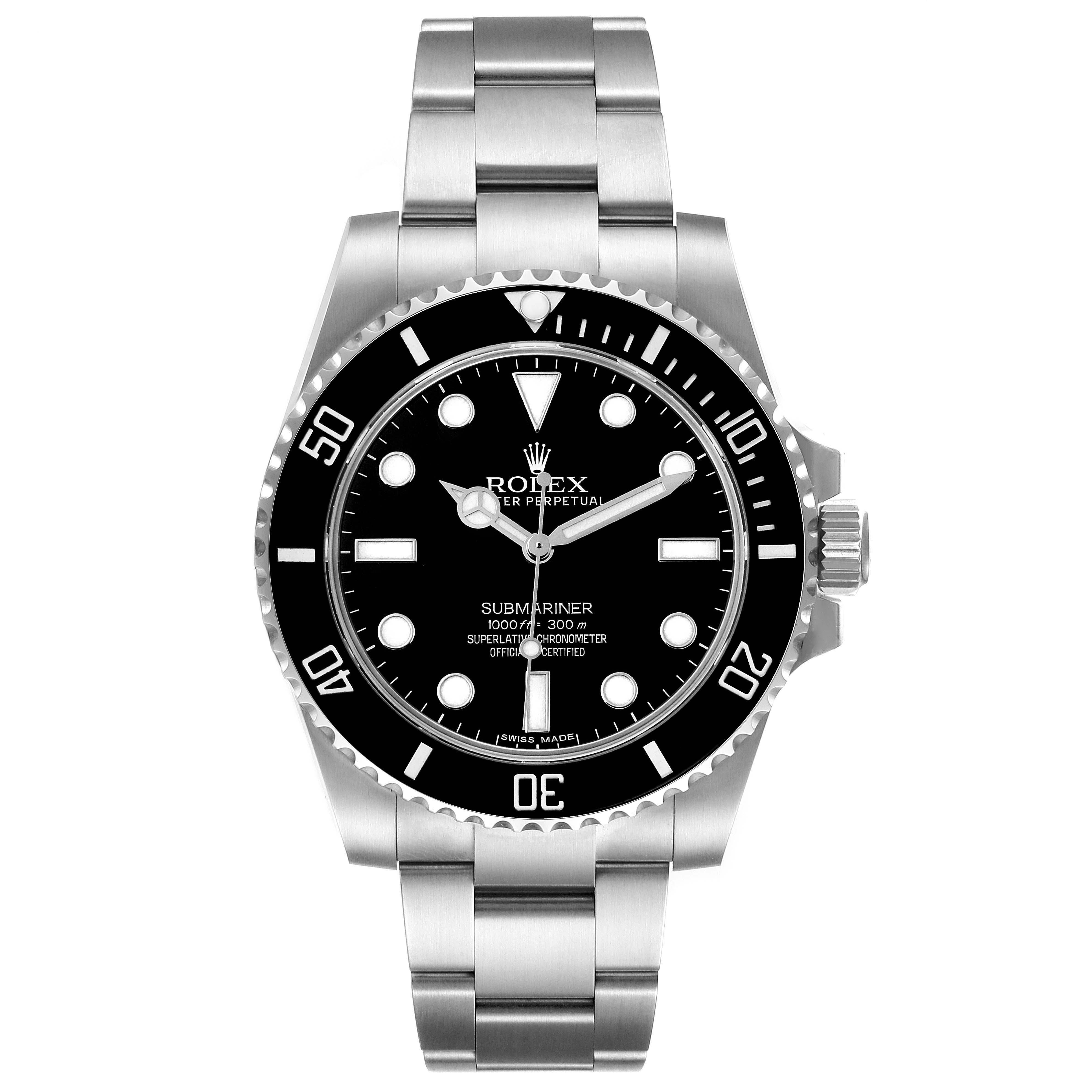 The image shows a frontal view of a Rolex Submariner 114060 Men
s Stainless Steel Black Dial 114060 Men
s Stainless Steel Black Dial watch, displaying the dial, bezel, and bracelet.