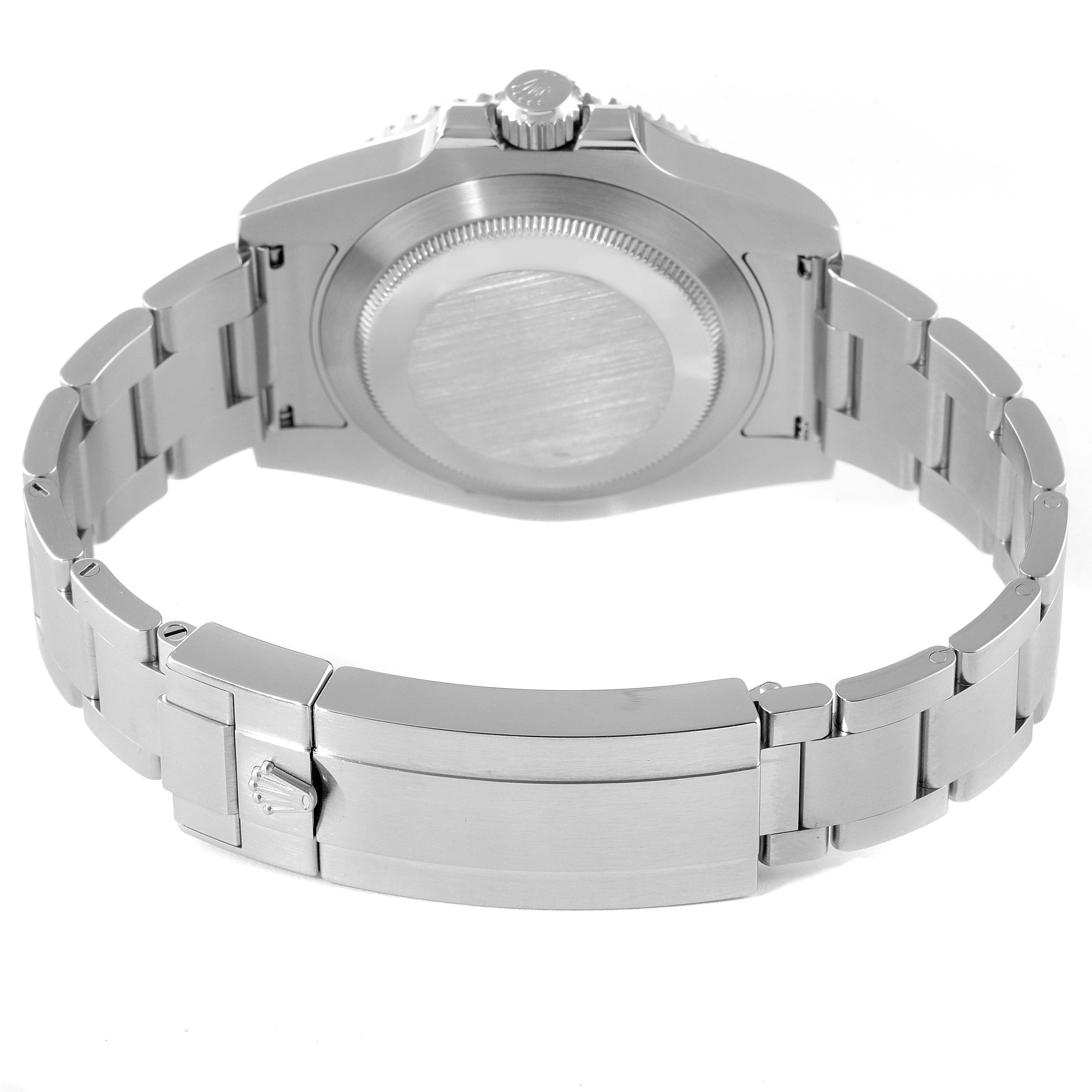 This image shows the back of a Rolex Submariner 114060 Men
s Stainless Steel Black Dial 114060 Men
s Stainless Steel Black Dial watch, highlighting its clasp and bracelet from a rear angle.