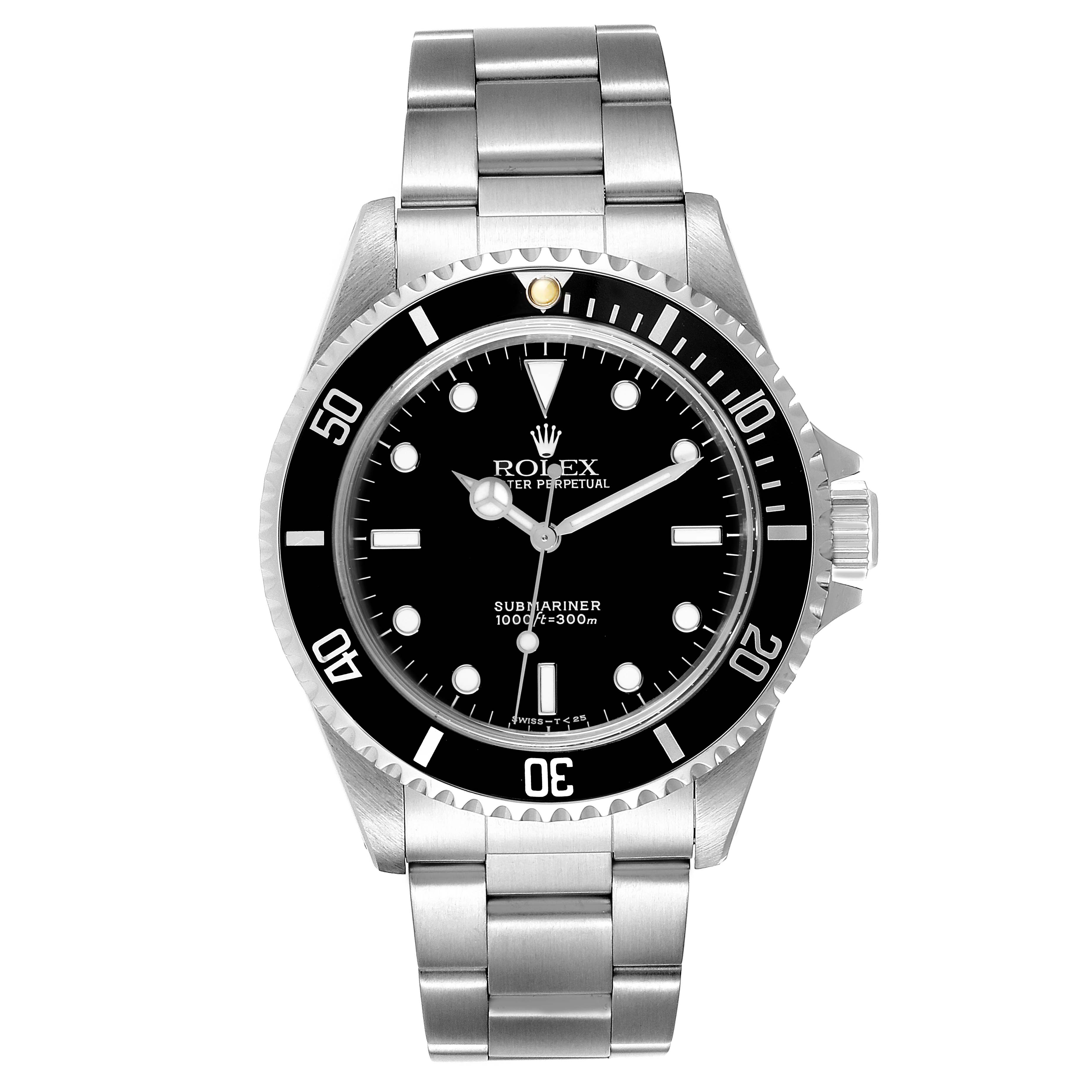 The image shows a front view of the Rolex Submariner 14060 Men's Stainless Steel Black Dial 14060 Men's Stainless Steel Black Dial watch, displaying its face, bezel, and bracelet.