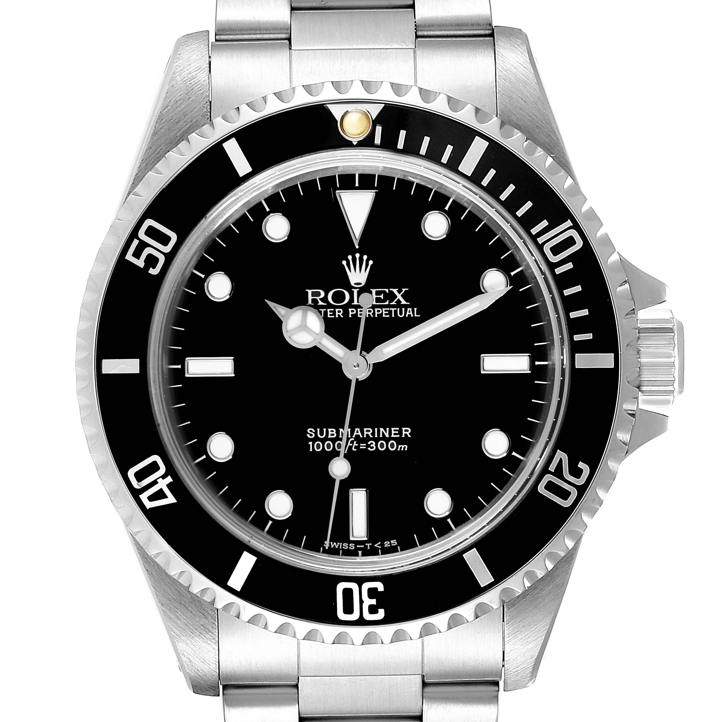 The image shows a front view of the Rolex Submariner 14060 Men's Stainless Steel Black Dial 14060 Men's Stainless Steel Black Dial watch, highlighting its black dial, bezel, and stainless steel bracelet.