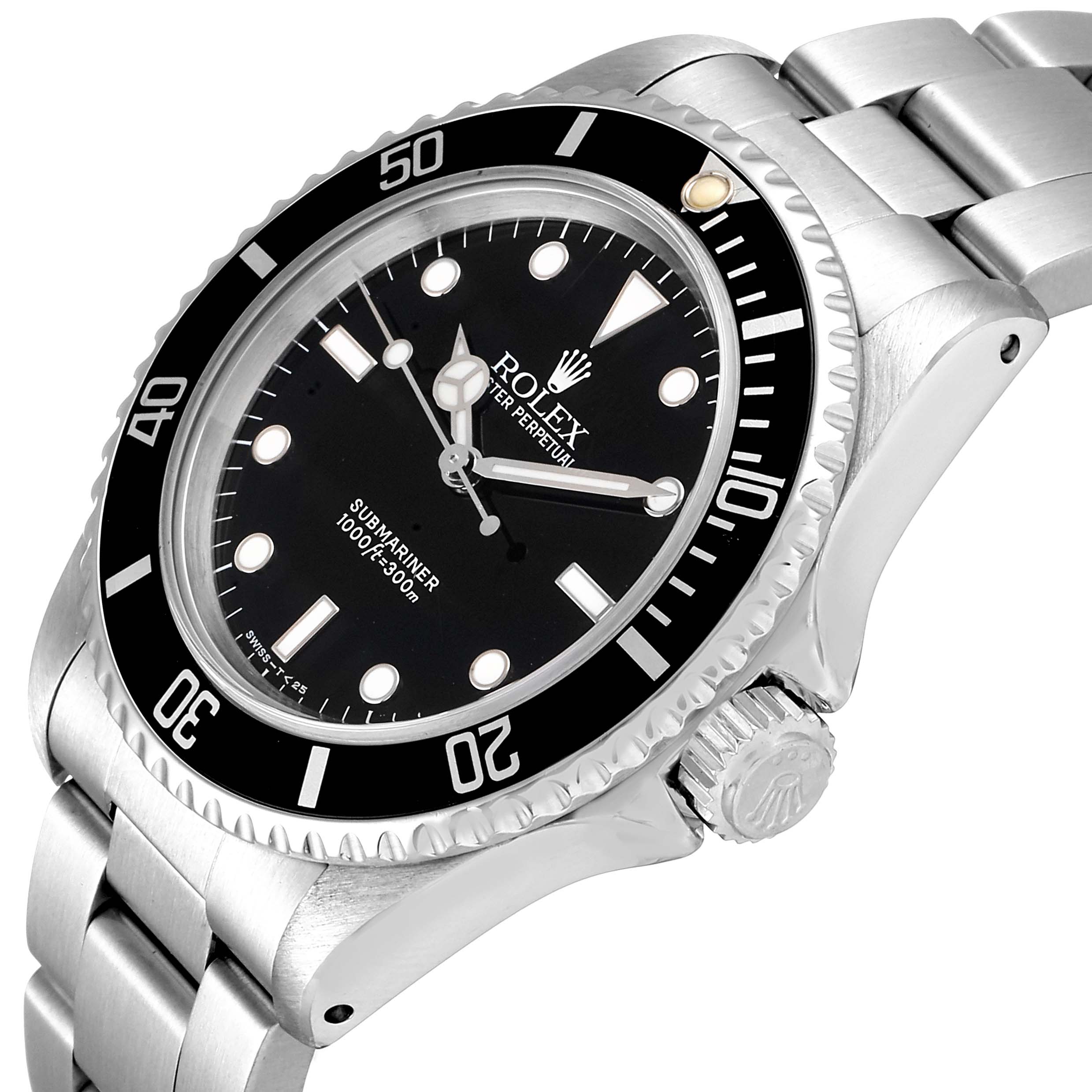 This image shows a side and partial front view of the Rolex Submariner 14060 Men's Stainless Steel Black Dial 14060 Men's Stainless Steel Black Dial, highlighting the bezel, dial, and crown.