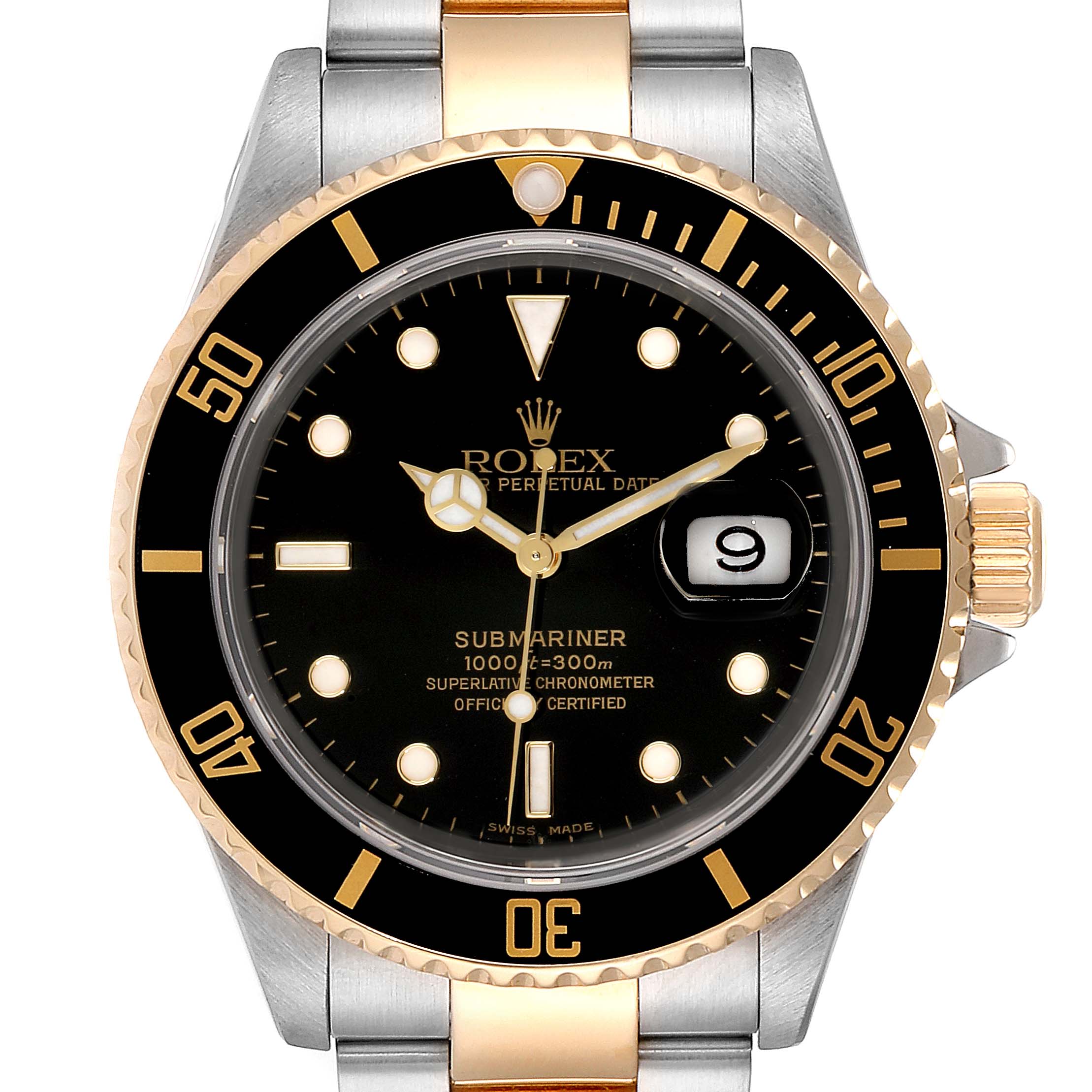 This is a frontal view of the Rolex Submariner 16613 Men's Steel and Gold (two tone) Black Dial 16613 Men's Steel and Gold (two tone) Black Dial watch, showing the face, bezel, and part of the bracelet.