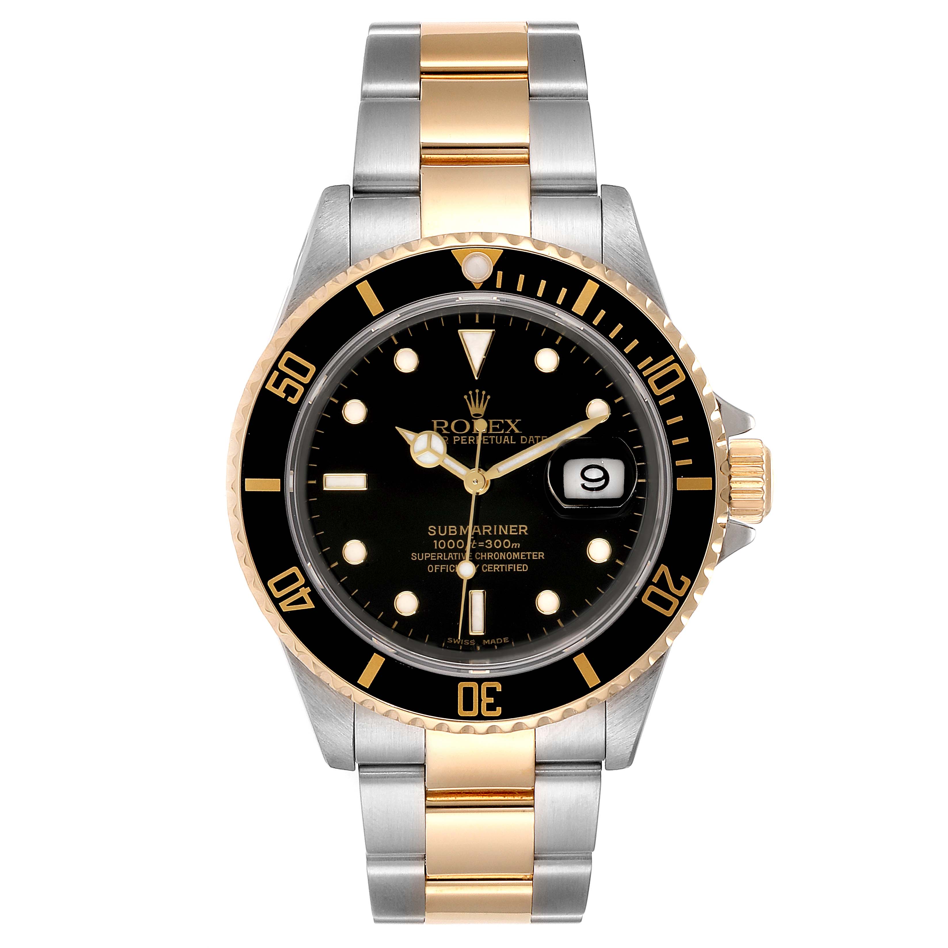 The image shows a frontal view of the Rolex Submariner 16613 Men's Steel and Gold (two tone) Black Dial 16613 Men's Steel and Gold (two tone) Black Dial watch, displaying the dial, bezel, bracelet, and crown.
