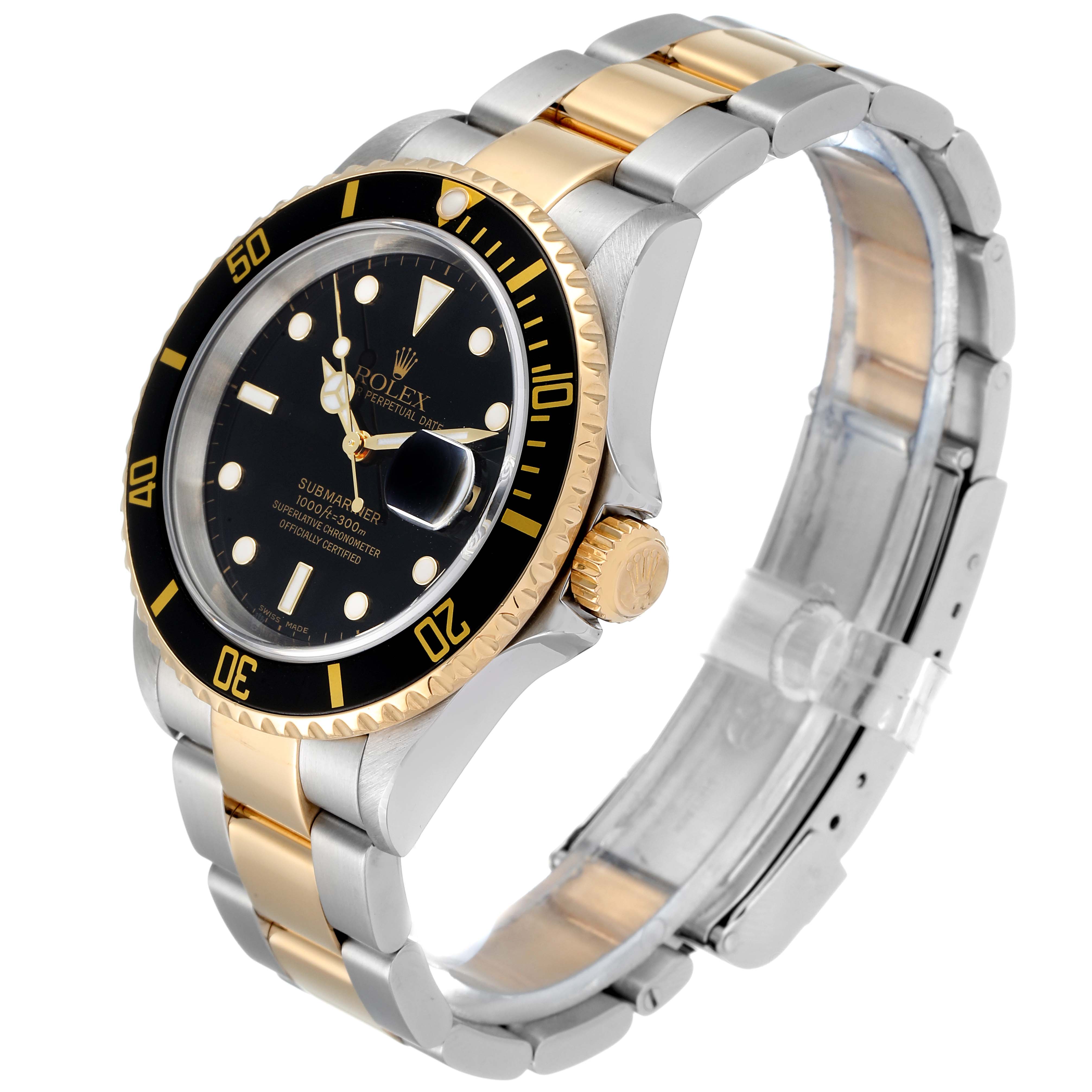 The image shows a Rolex Submariner 16613 Men's Steel and Gold (two tone) Black Dial 16613 Men's Steel and Gold (two tone) Black Dial watch at a slight angle, highlighting the bezel, dial, crown, and two-tone bracelet.