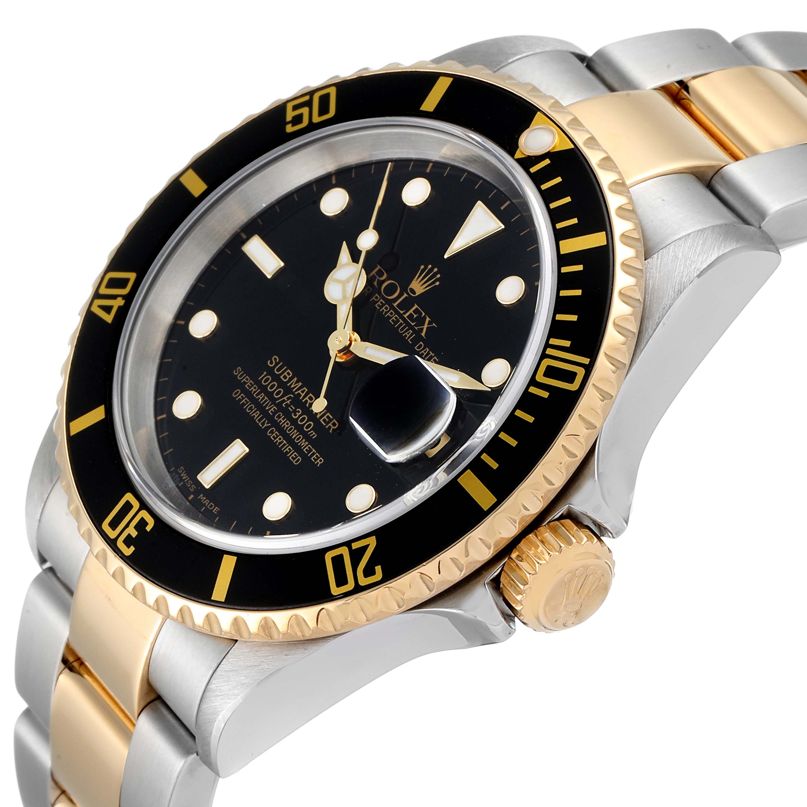 The image shows a close-up angle of the Rolex Submariner 16613 Men's Steel and Gold (two tone) Black Dial 16613 Men's Steel and Gold (two tone) Black Dial watch, highlighting the bezel, dial, crown, and part of the bracelet.