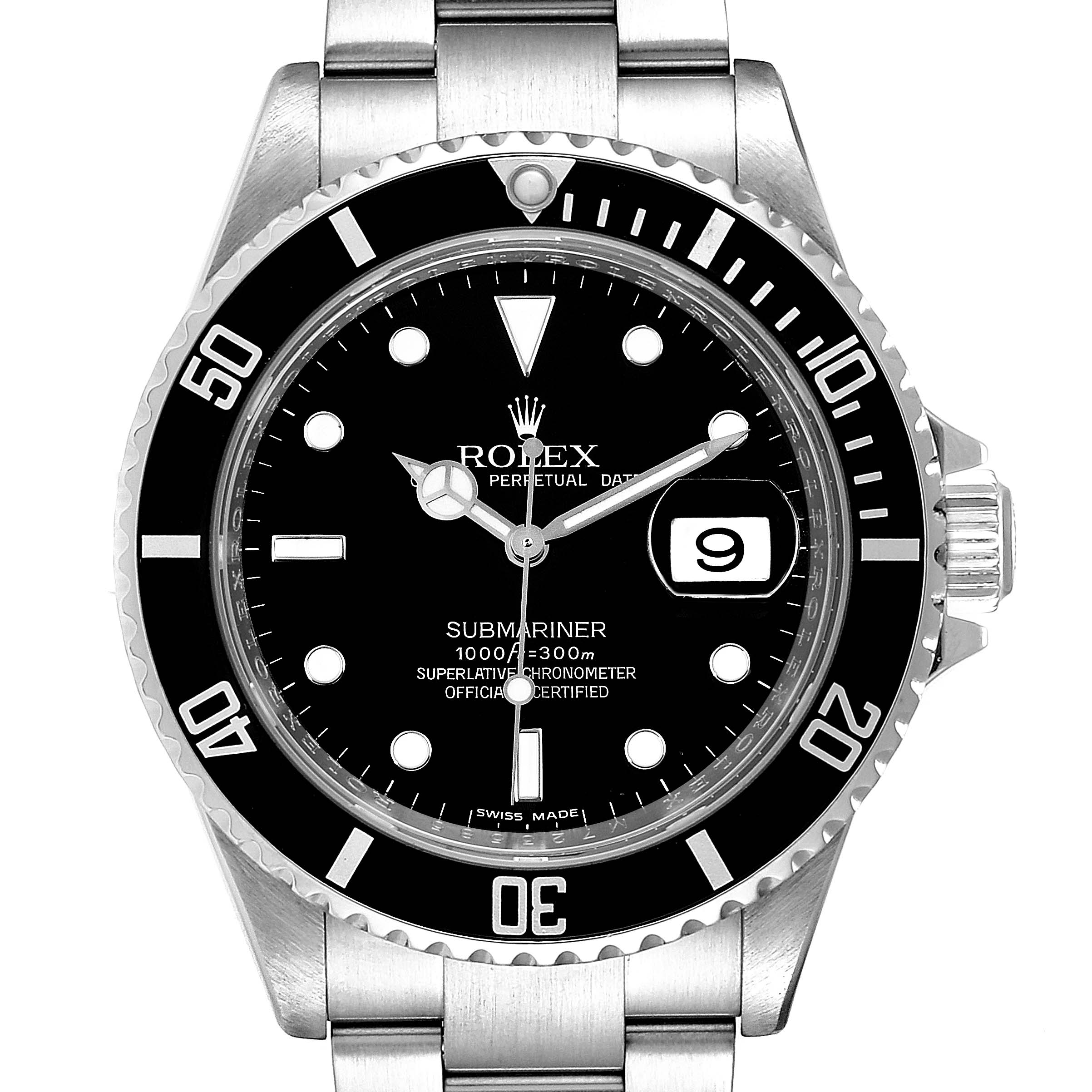 This image shows a top-down view of a Rolex Submariner 16610 Men's Stainless Steel Black Dial 16610 Men's Stainless Steel Black Dial watch displaying the dial, bezel, and part of the bracelet.
