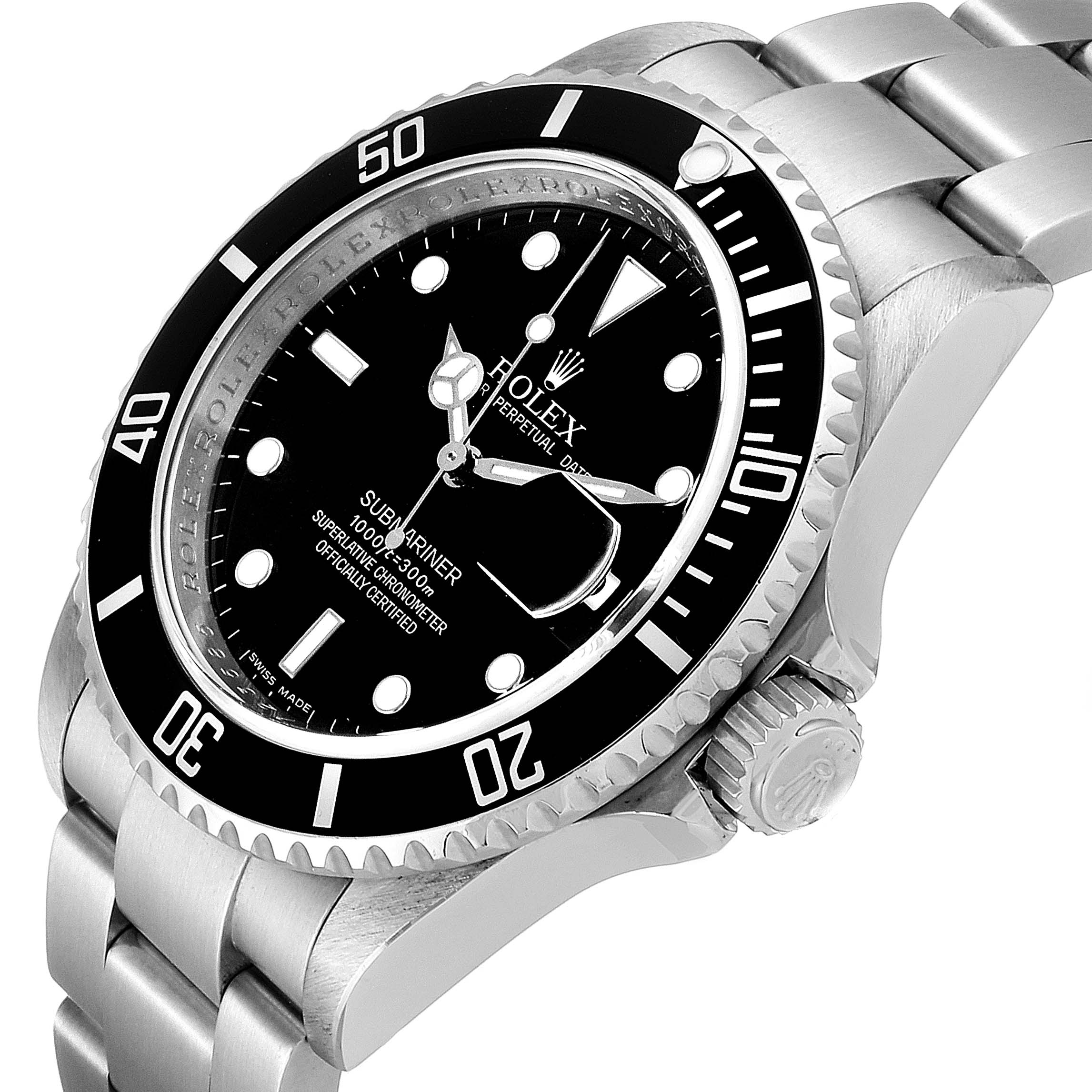 The Rolex Submariner 16610 Men's Stainless Steel Black Dial 16610 Men's Stainless Steel Black Dial watch model is shown at an angle, highlighting the black dial, bezel, bracelet, and crown.
