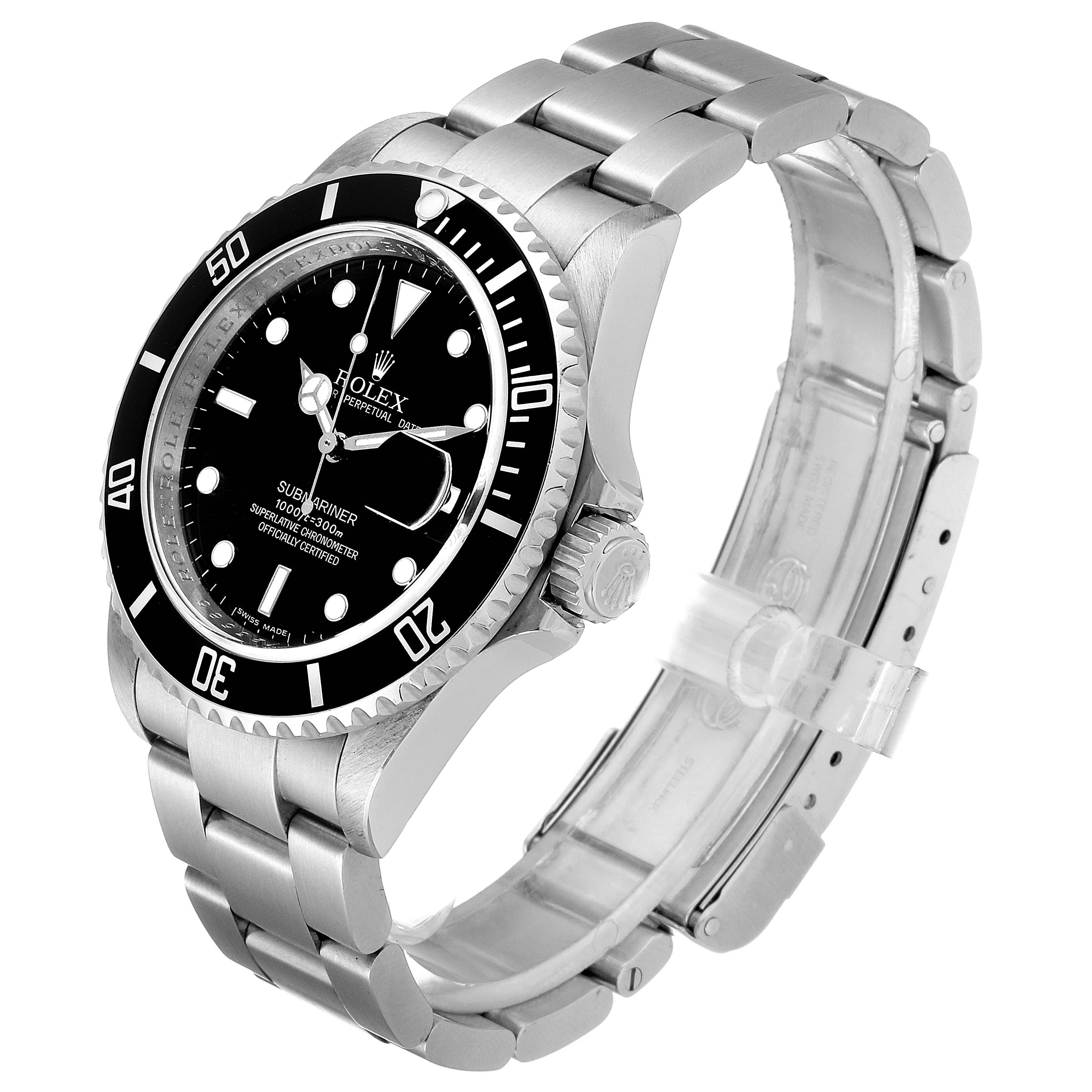 This image shows a side angle view of the Rolex Submariner 16610 Men's Stainless Steel Black Dial 16610 Men's Stainless Steel Black Dial watch, highlighting its bezel, dial, and bracelet.