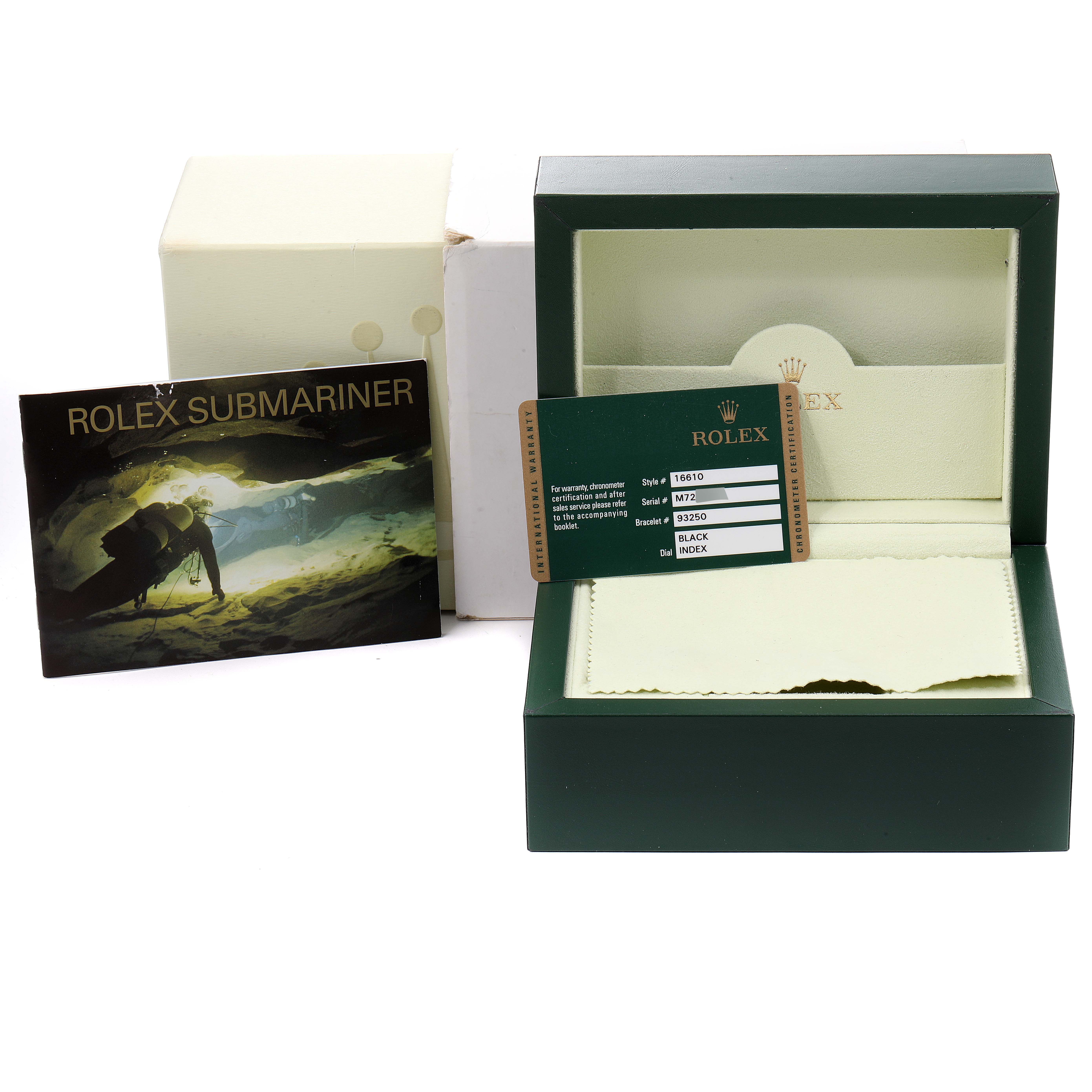 The image shows the box, instruction manual, and certification card for a Rolex Submariner 16610 Men's Stainless Steel Black Dial 16610 Men's Stainless Steel Black Dial watch.