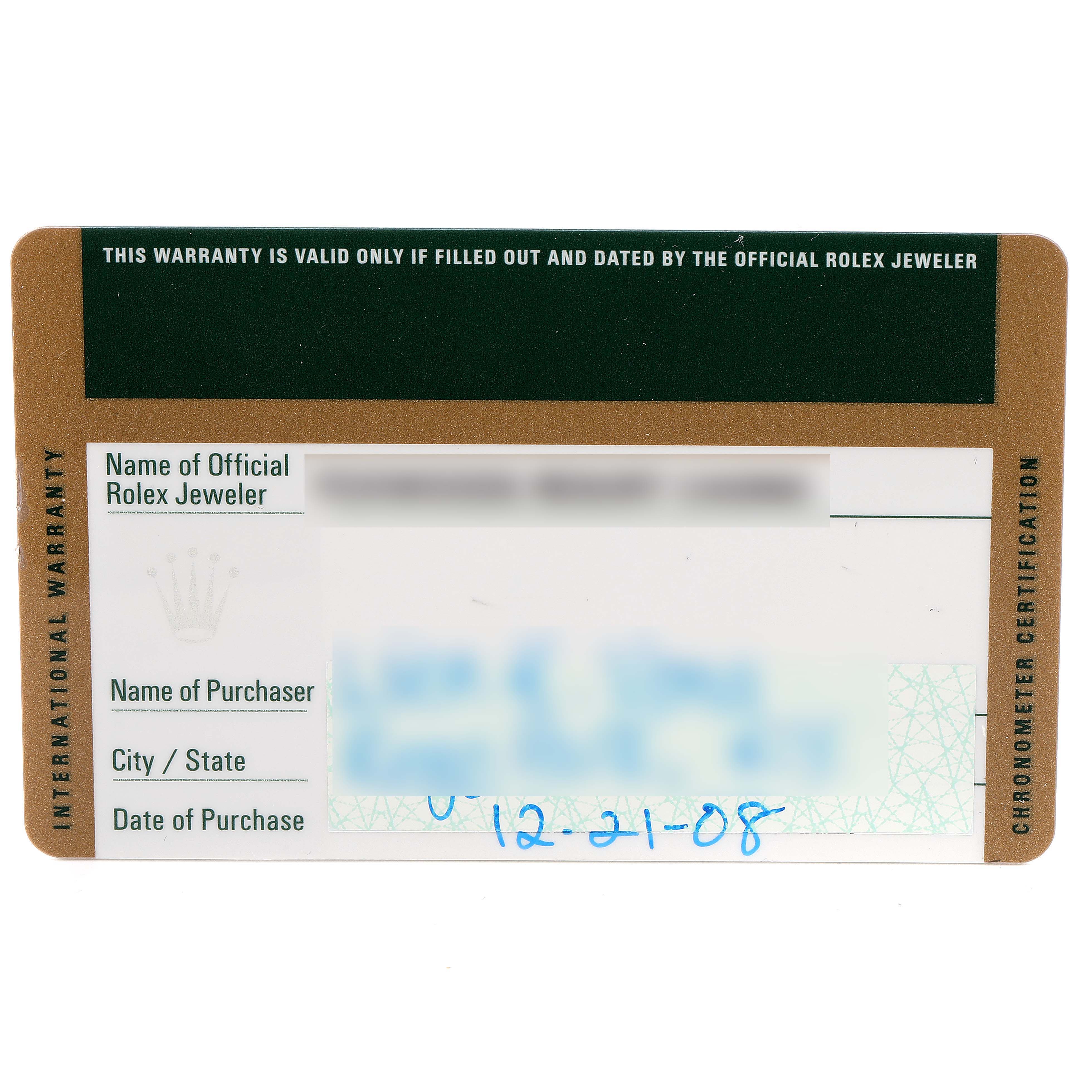 This image shows the warranty card for a Rolex Submariner 16610 Men's Stainless Steel Black Dial 16610 Men's Stainless Steel Black Dial watch, displaying information about the Rolex jeweler, purchaser, and purchase date.