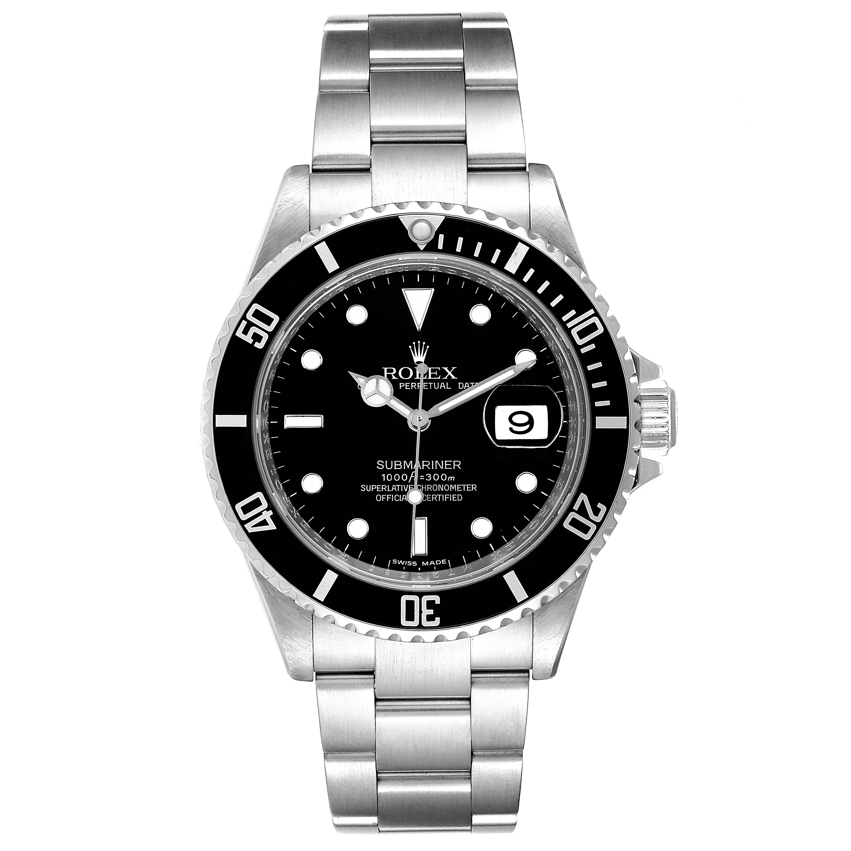 The image shows a front view of the Rolex Submariner 16610 Men's Stainless Steel Black Dial 16610 Men's Stainless Steel Black Dial watch, displaying its dial, bezel, and bracelet.