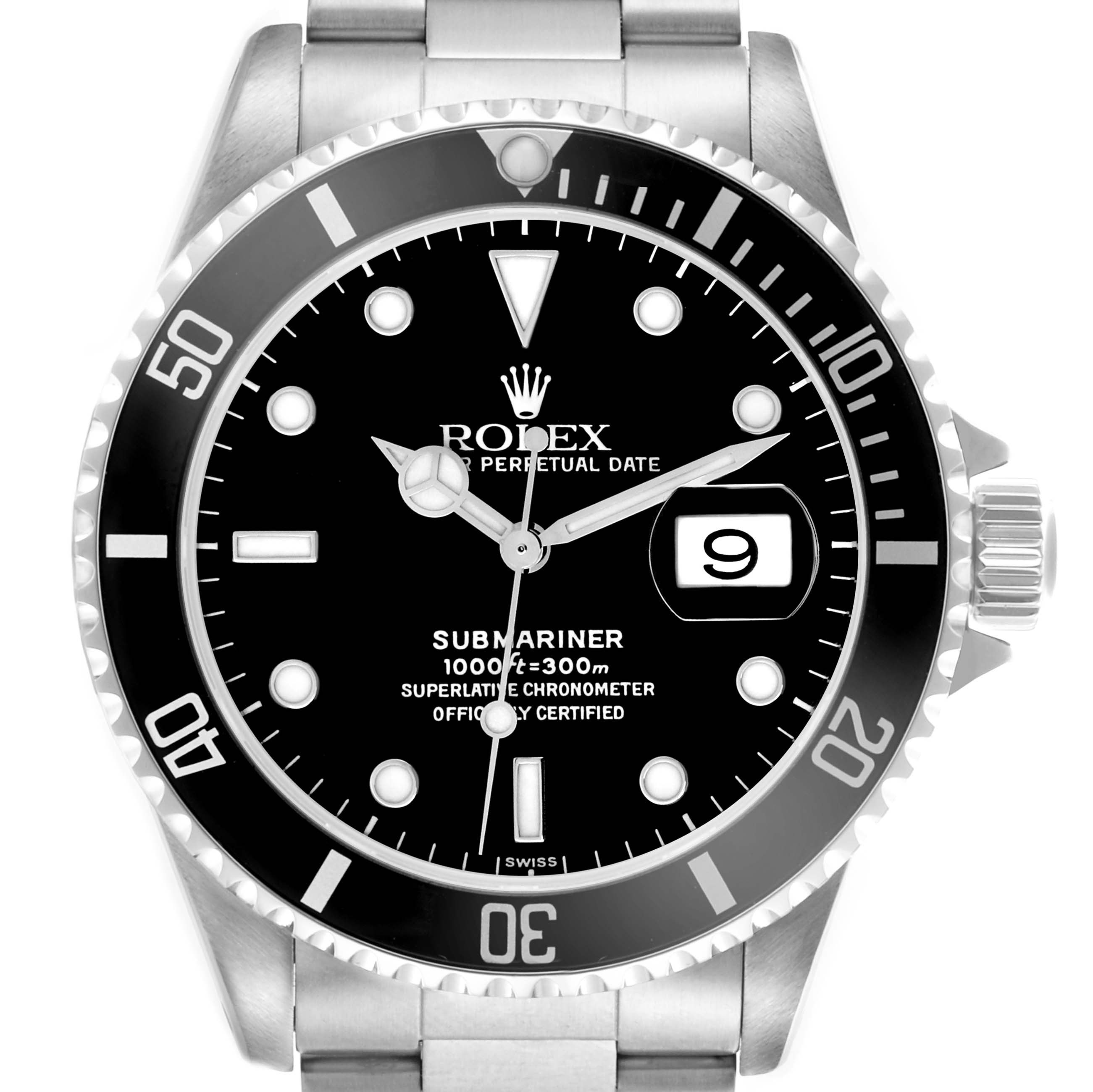 The Rolex Submariner 16610 Men's Stainless Steel Black Dial 16610 Men's Stainless Steel Black Dial watch is shown from a front angle, displaying its face, bezel, and part of the bracelet.