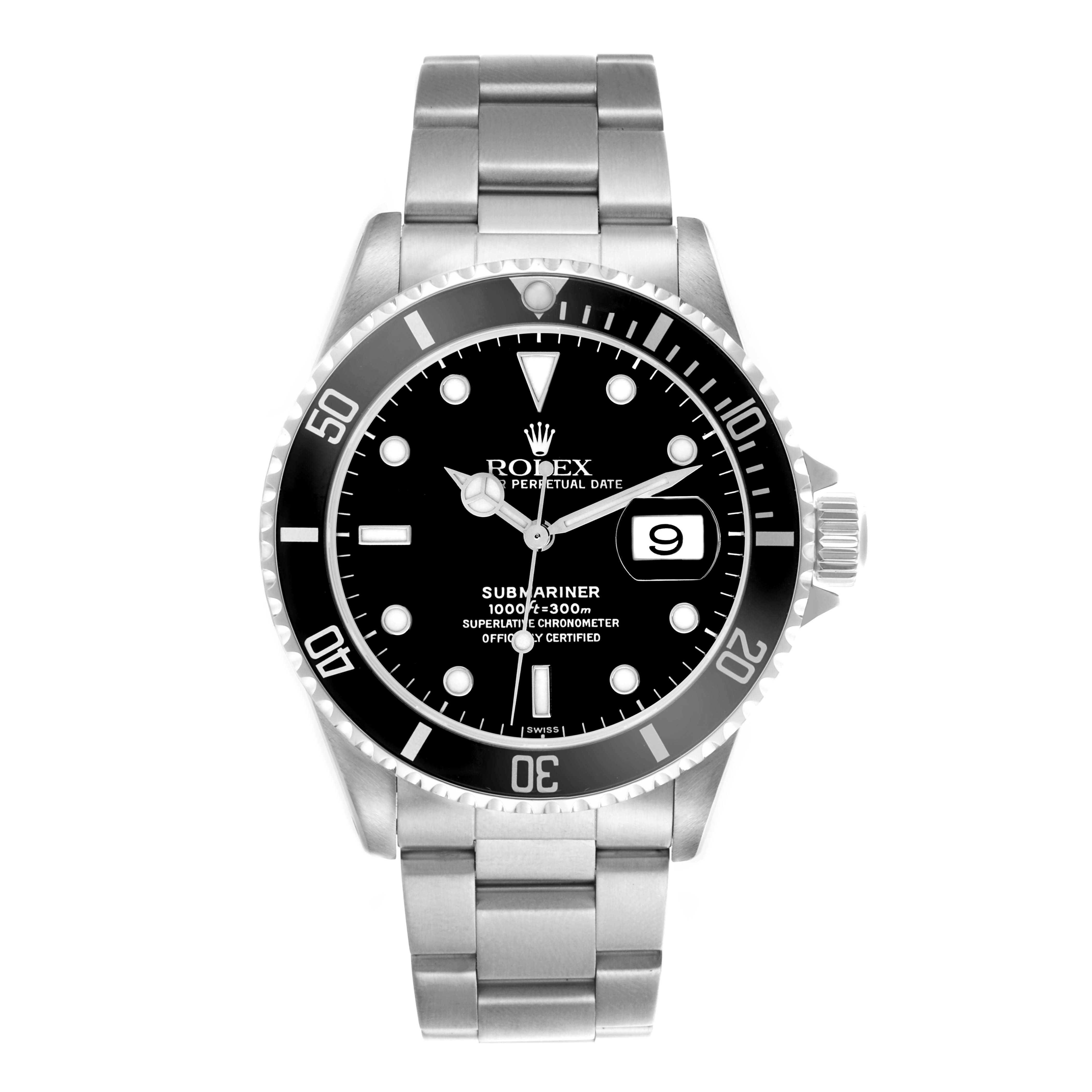 The Rolex Submariner 16610 Men's Stainless Steel Black Dial 16610 Men's Stainless Steel Black Dial watch is shown from a front view, displaying the dial, bezel, bracelet, and crown.
