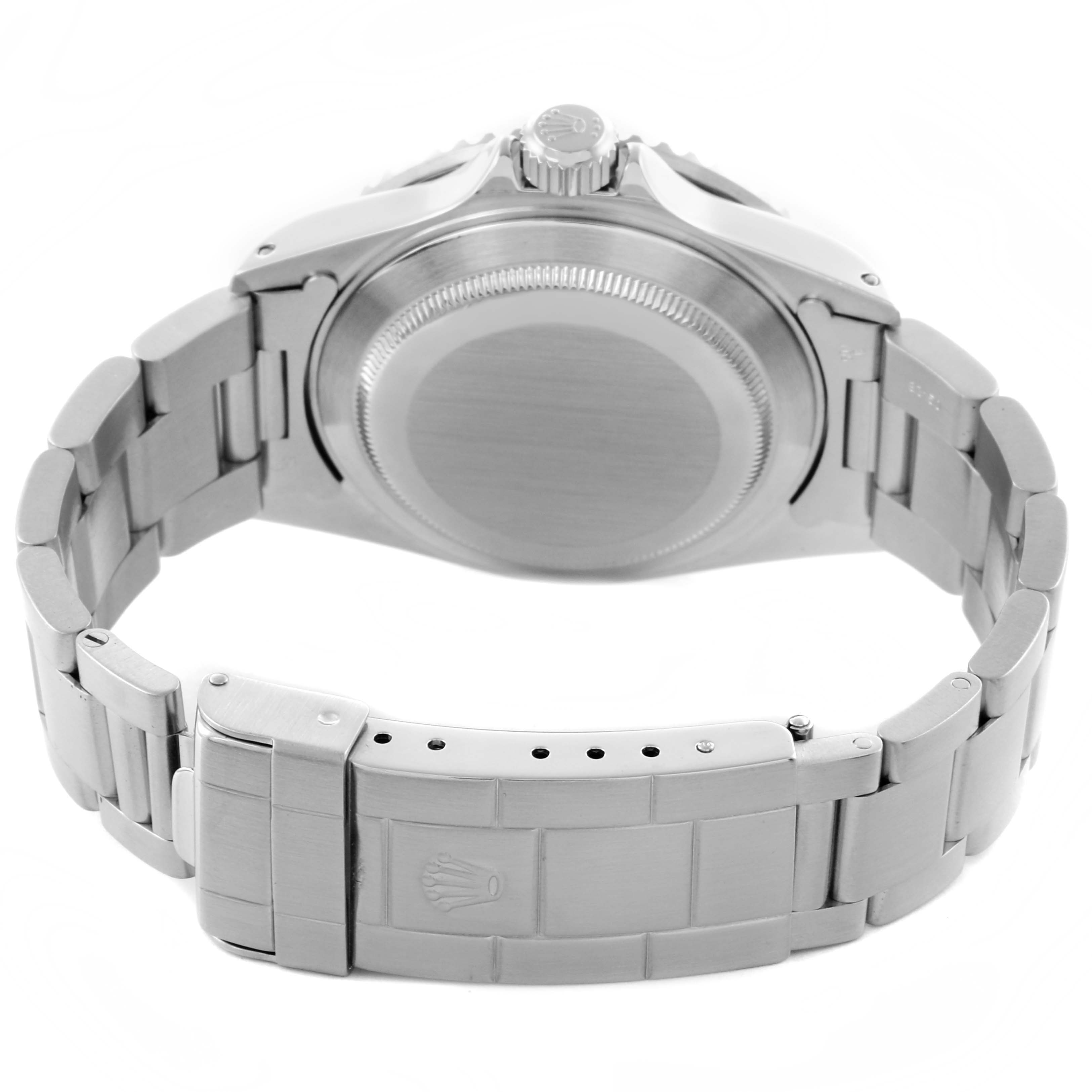 The image shows the back view of a Rolex Submariner 16610 Men's Stainless Steel Black Dial 16610 Men's Stainless Steel Black Dial, highlighting the case back and bracelet clasp.