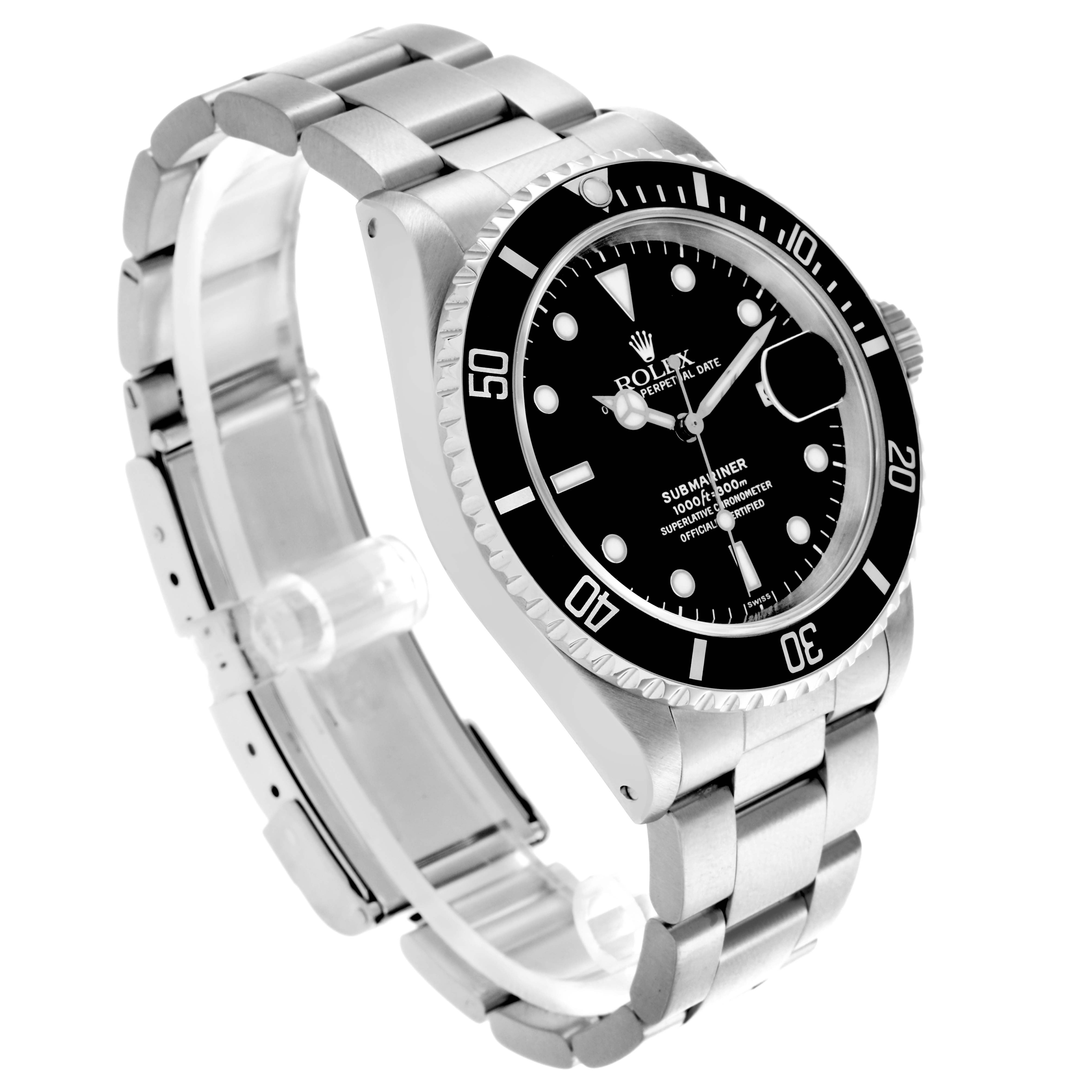 The Rolex Submariner 16610 Men's Stainless Steel Black Dial 16610 Men's Stainless Steel Black Dial watch is shown at a three-quarter angle, highlighting the bezel, dial, and bracelet.