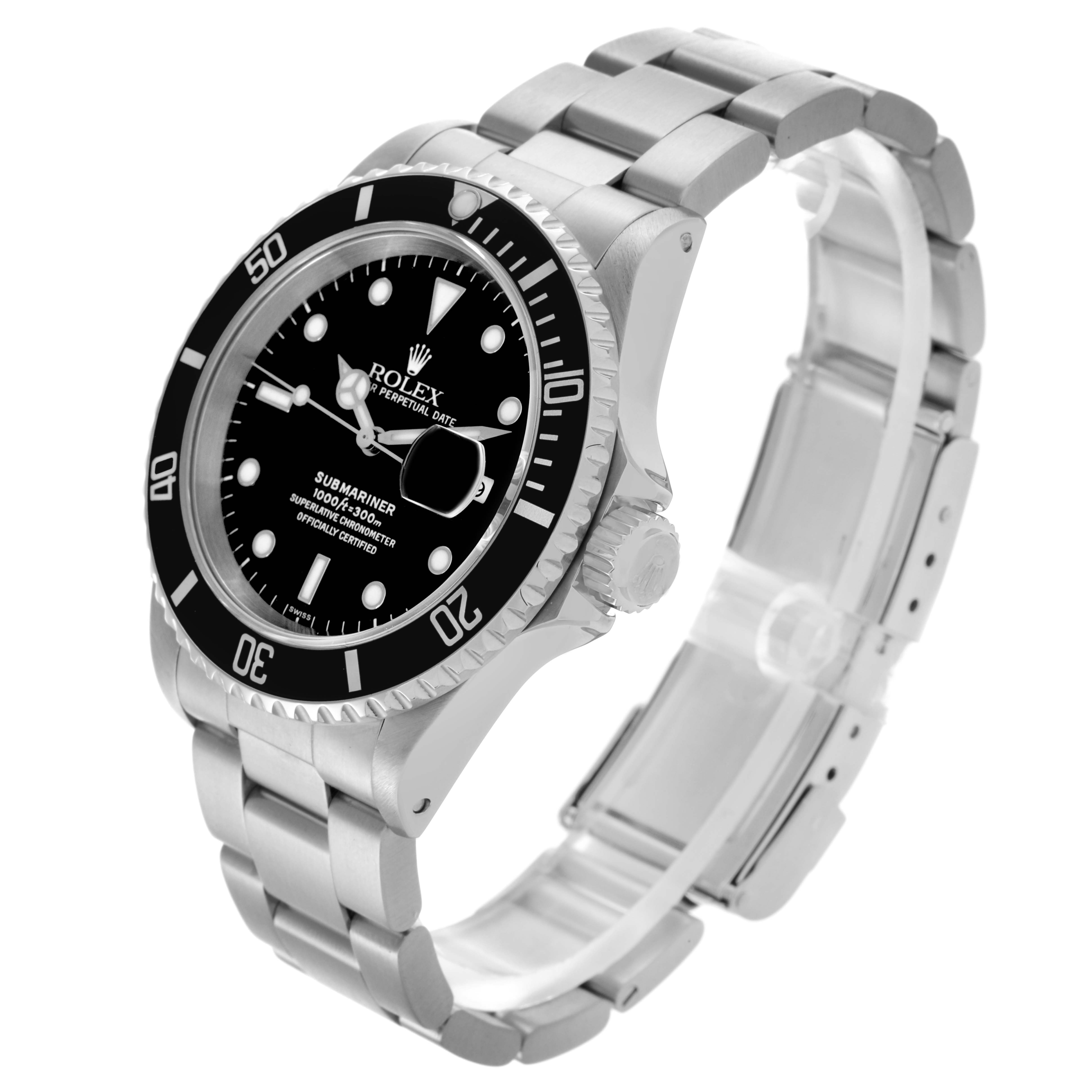 The image shows a Rolex Submariner 16610 Men's Stainless Steel Black Dial 16610 Men's Stainless Steel Black Dial watch at a three-quarter angle, highlighting the bezel, dial, and bracelet.