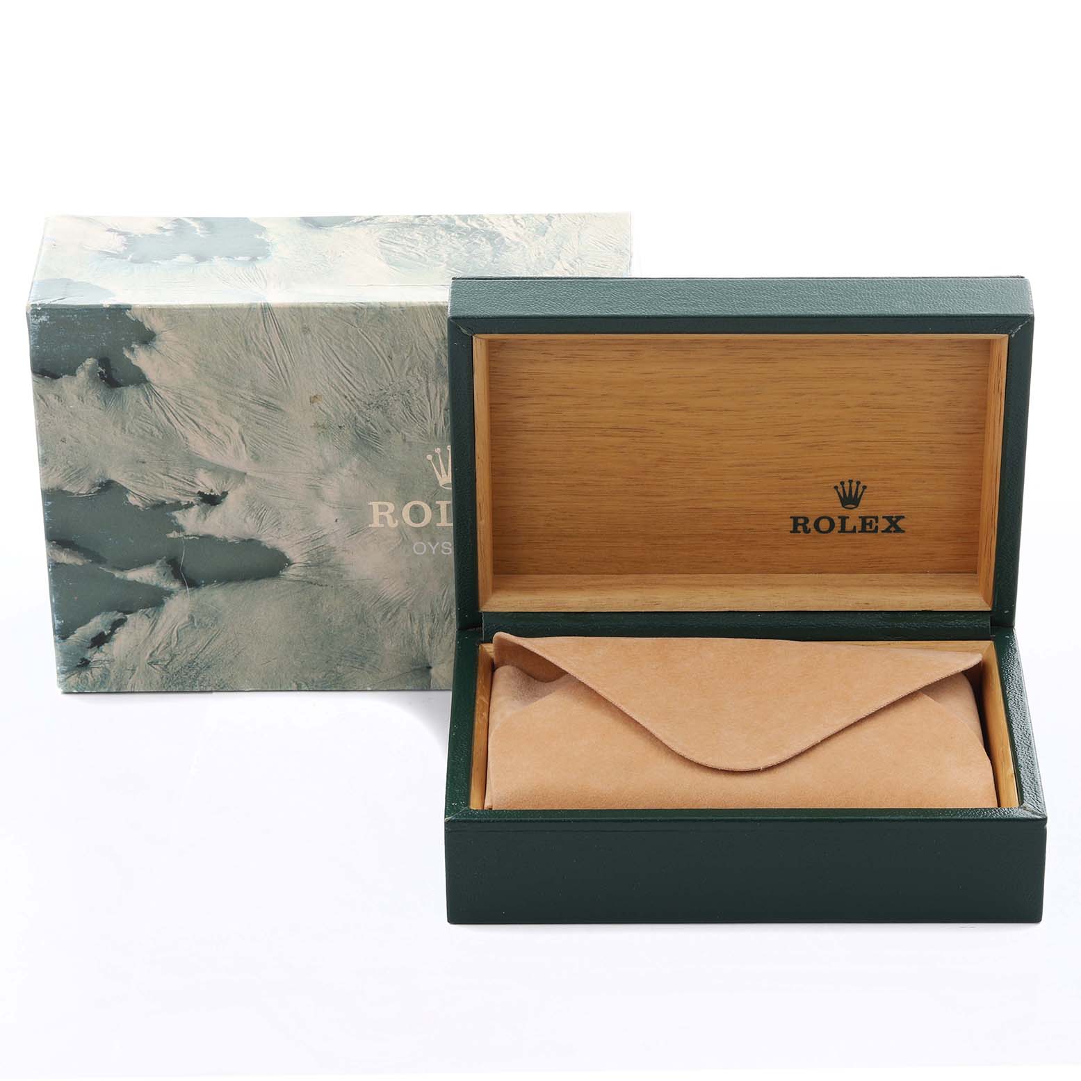 The image shows a Rolex Submariner 16610 Men's Stainless Steel Black Dial 16610 Men's Stainless Steel Black Dial watch box with an outer marbled cover, opened at an angle to reveal the inside.