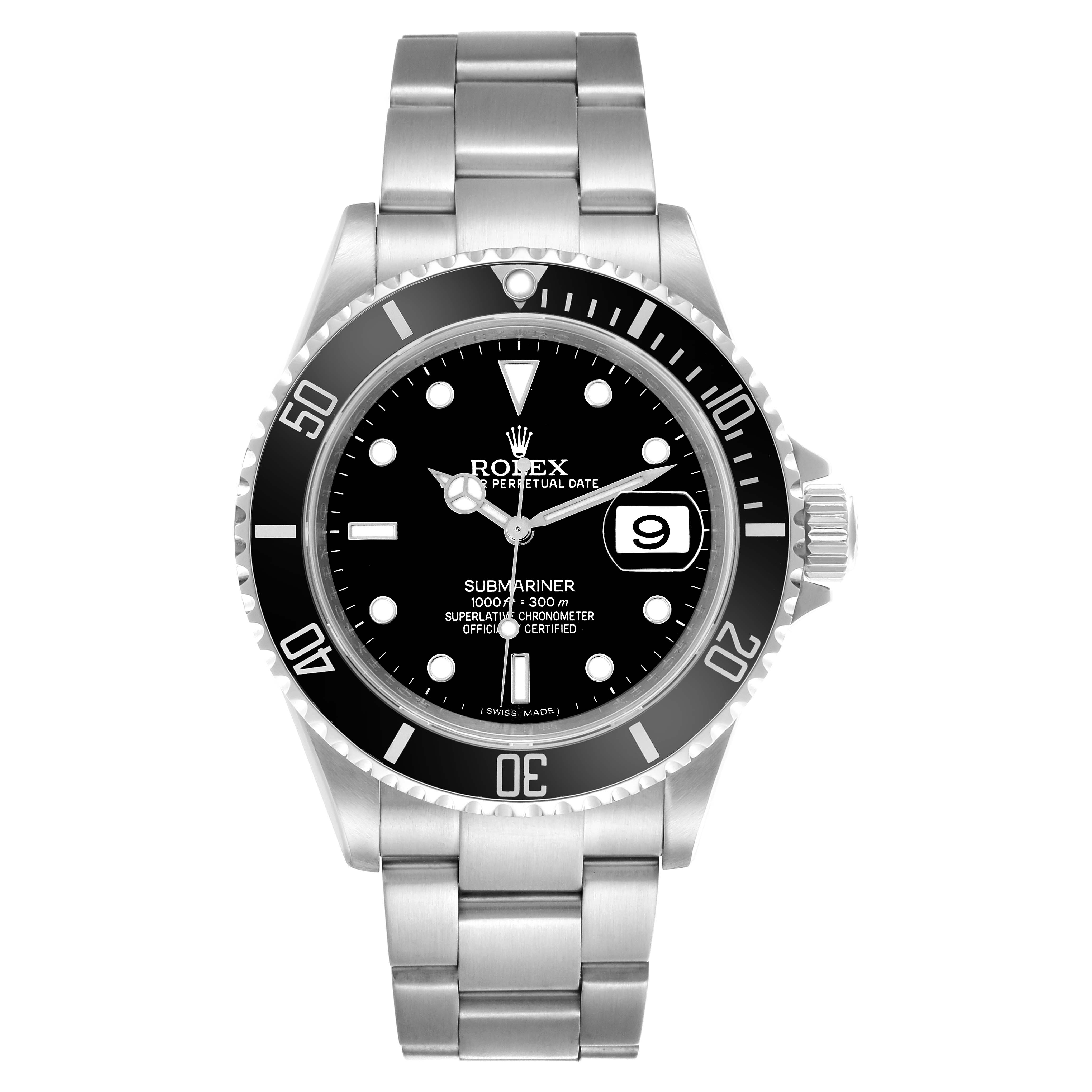 The Rolex Submariner 16610 Men
s Stainless Steel Black Dial 16610 Men
s Stainless Steel Black Dial watch is shown from a front angle, displaying the bezel, dial, bracelet, and date window.
